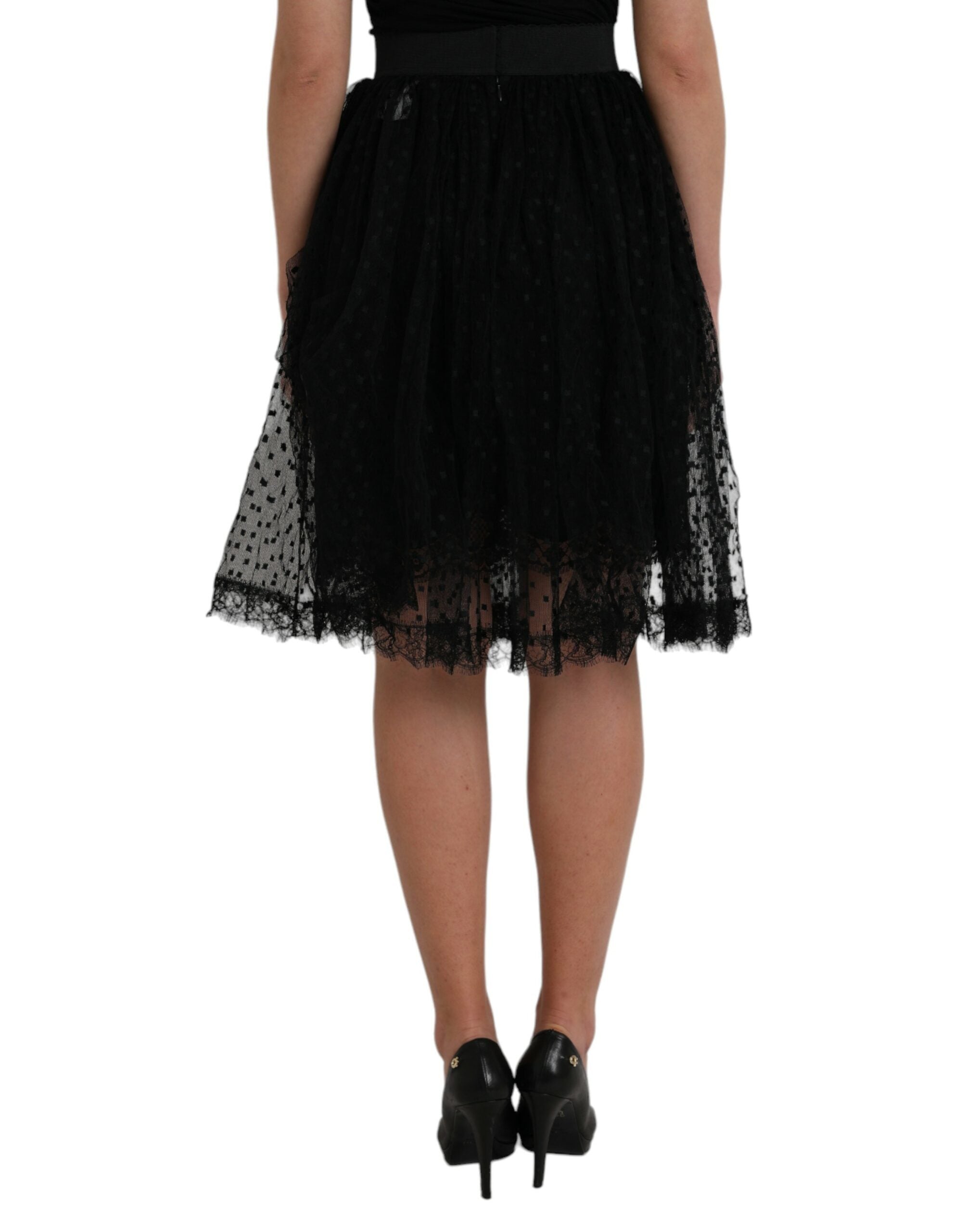 Dolce & Gabbana black nylon skirt with lace trim and high waist in A-line-4