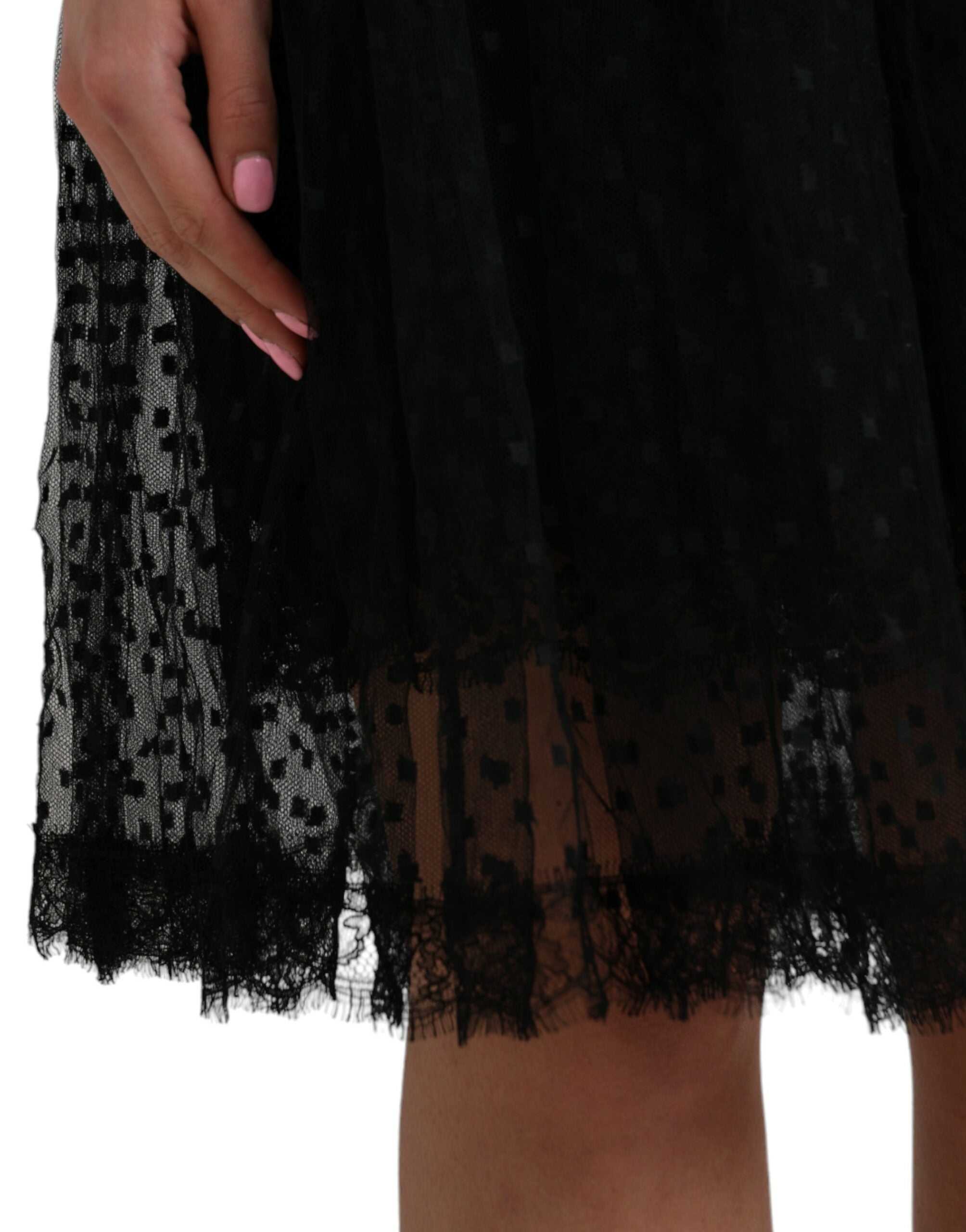 Dolce & Gabbana black nylon skirt with lace trim and high waist in A-line-5
