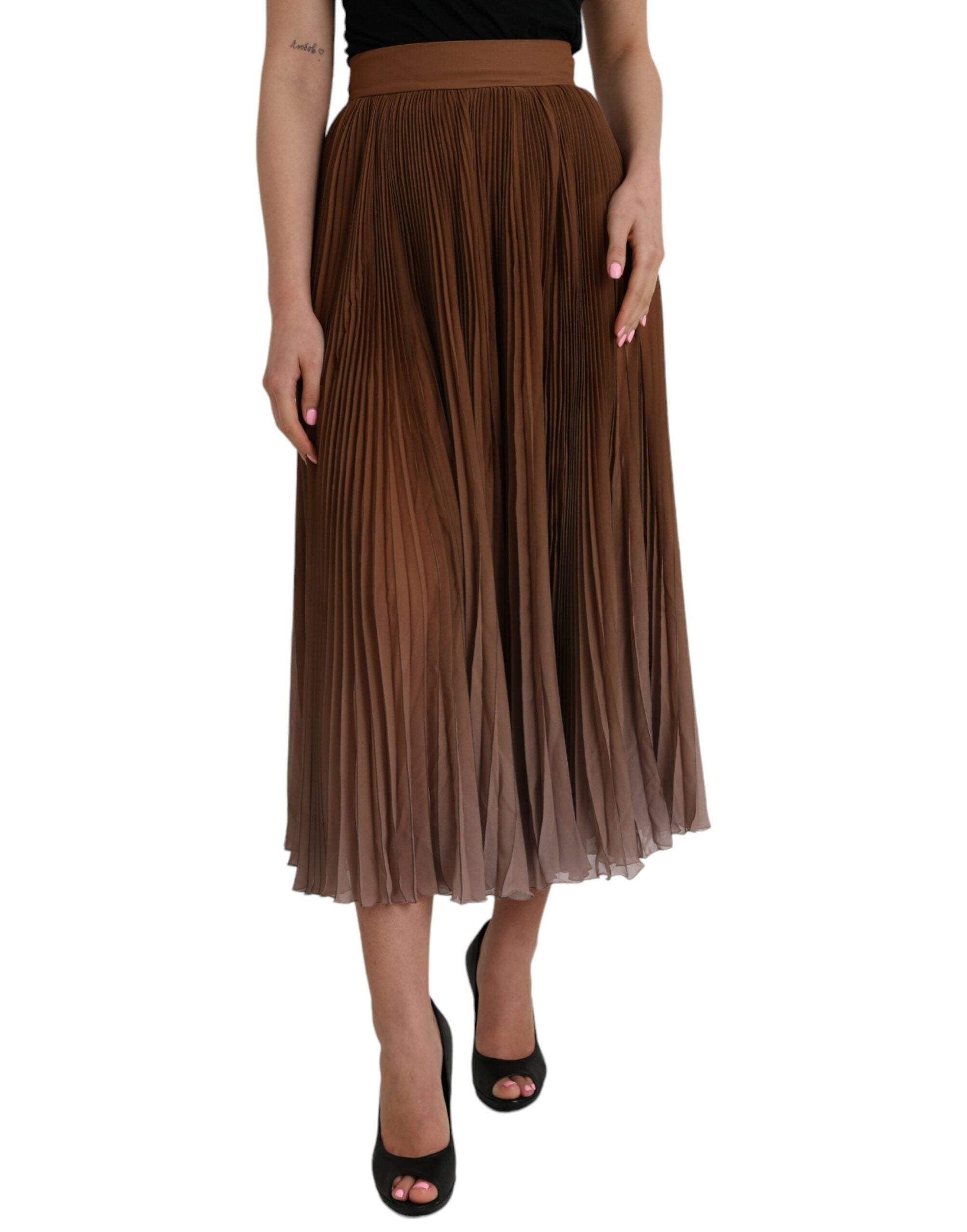 Dolce & Gabbana Brown Polyester Pleated High-Waisted Midi Skirt