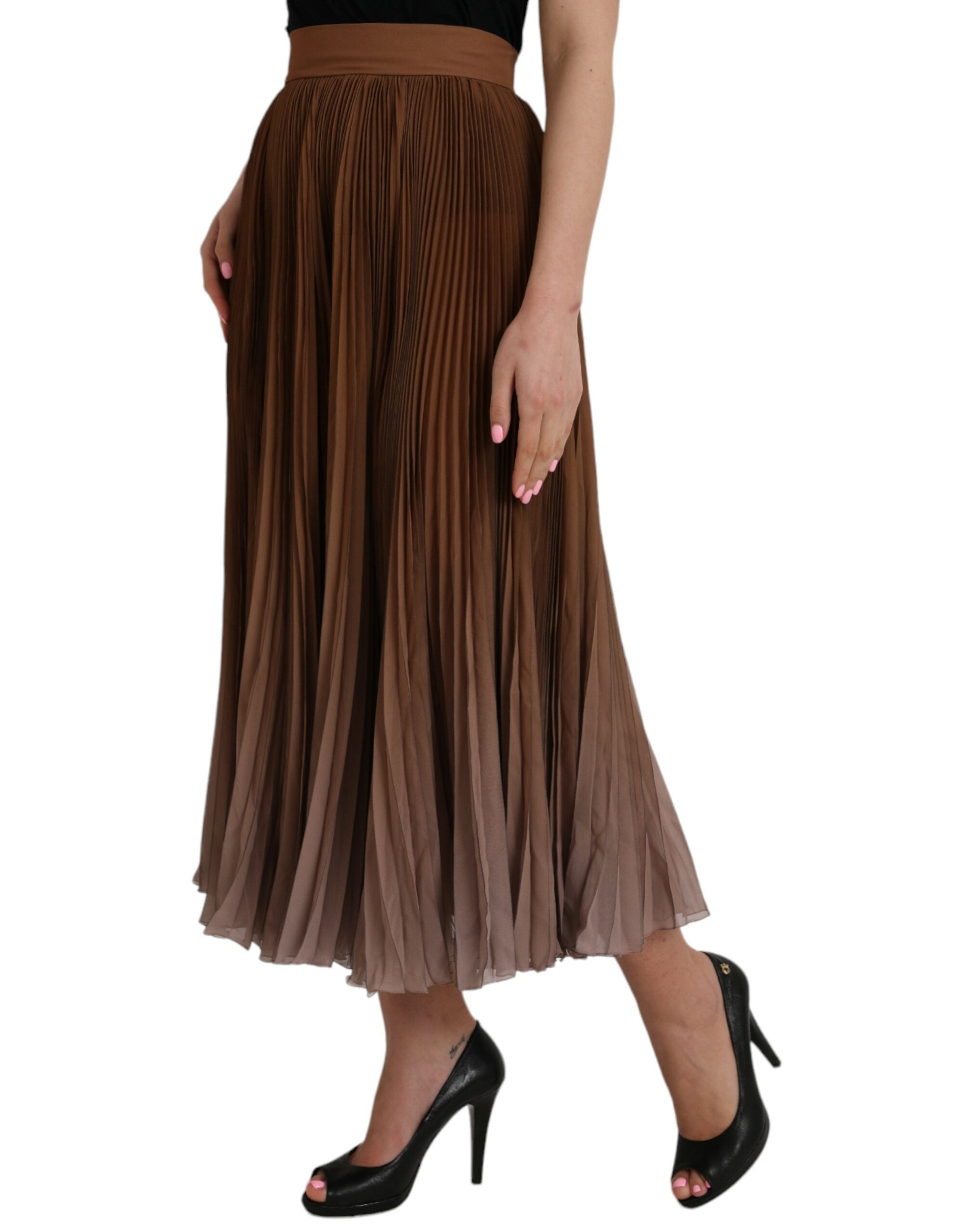 Dolce & Gabbana Brauner Polyester Faltenrock mit hoher Taille Midirock-3