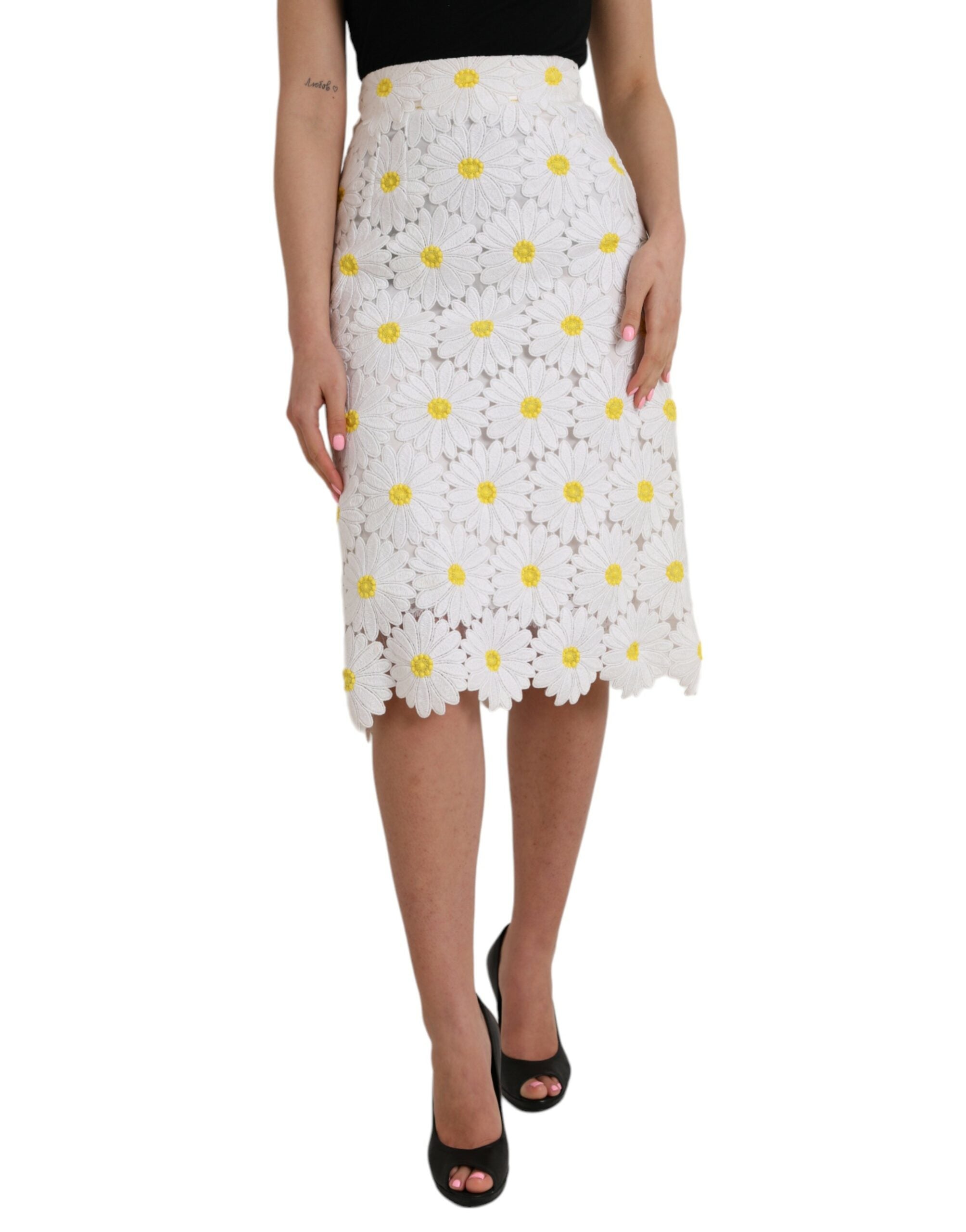 Falda tubo recta con encaje y estampado floral blanco de Dolce & Gabbana-2