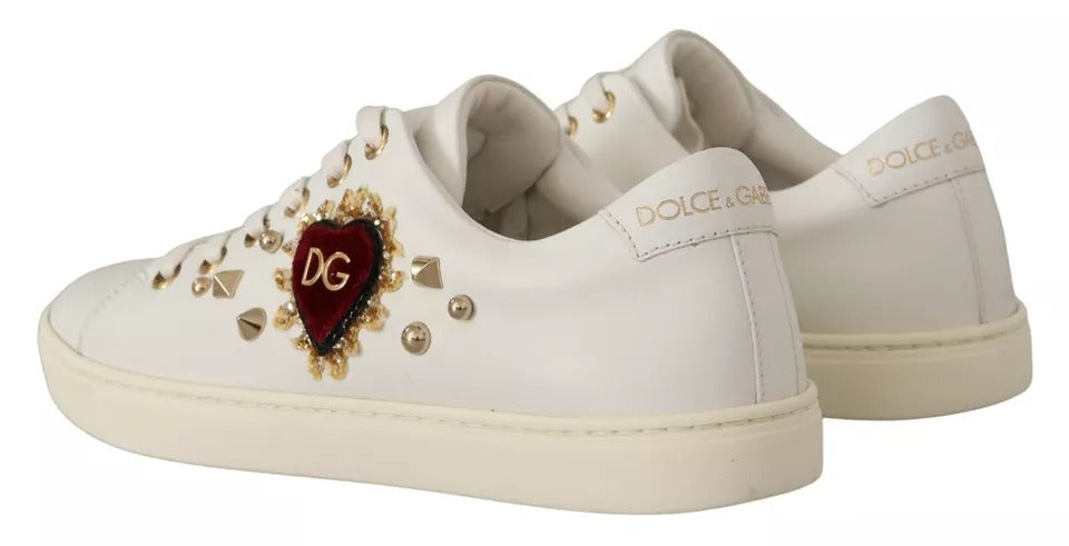 Dolce & Gabbana White Leather Gold Red Heart Sneakers Shoes-3