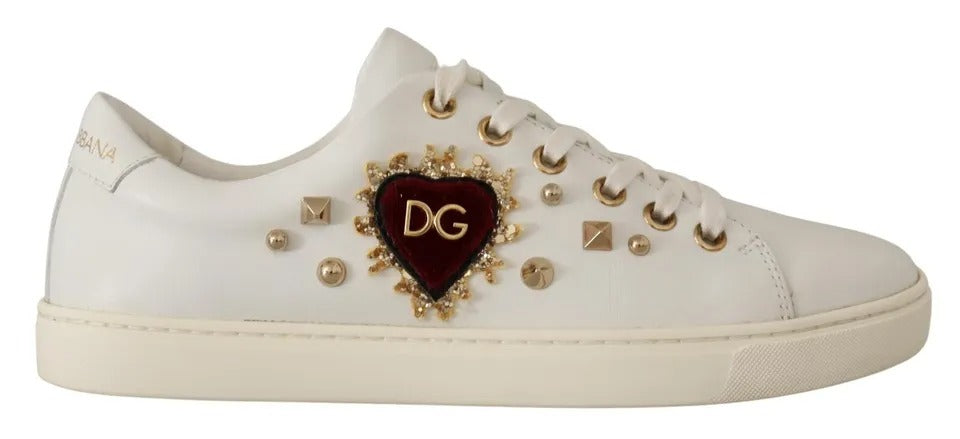Dolce & Gabbana White Leather Gold Red Heart Sneakers Shoes-5