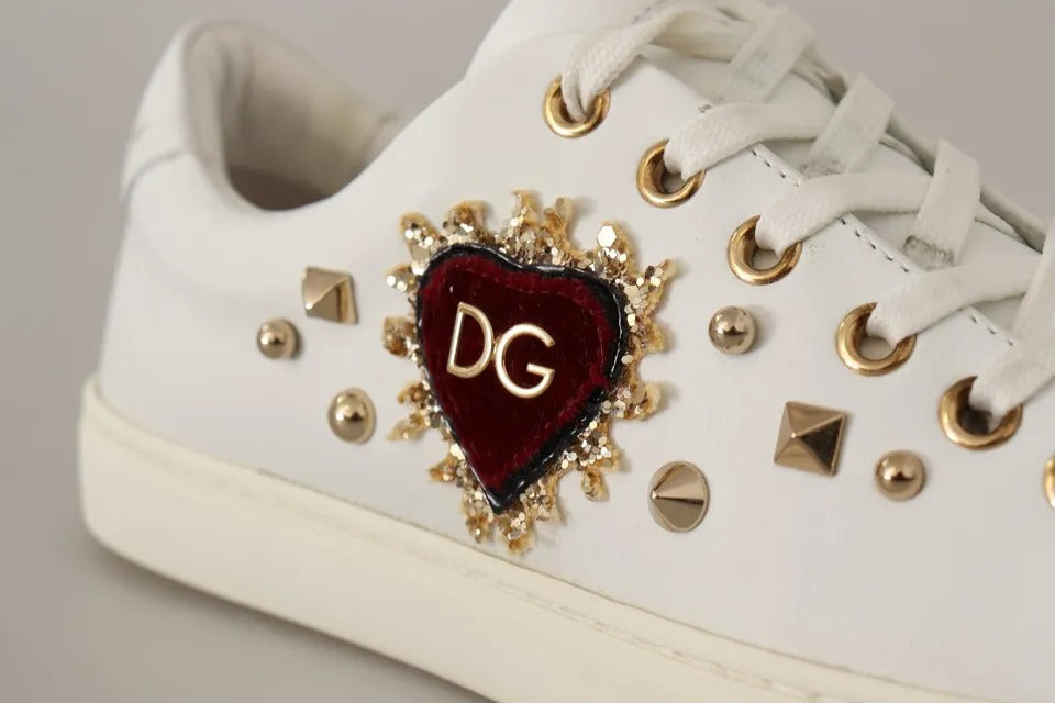 Dolce & Gabbana White Leather Gold Red Heart Sneakers Shoes-7