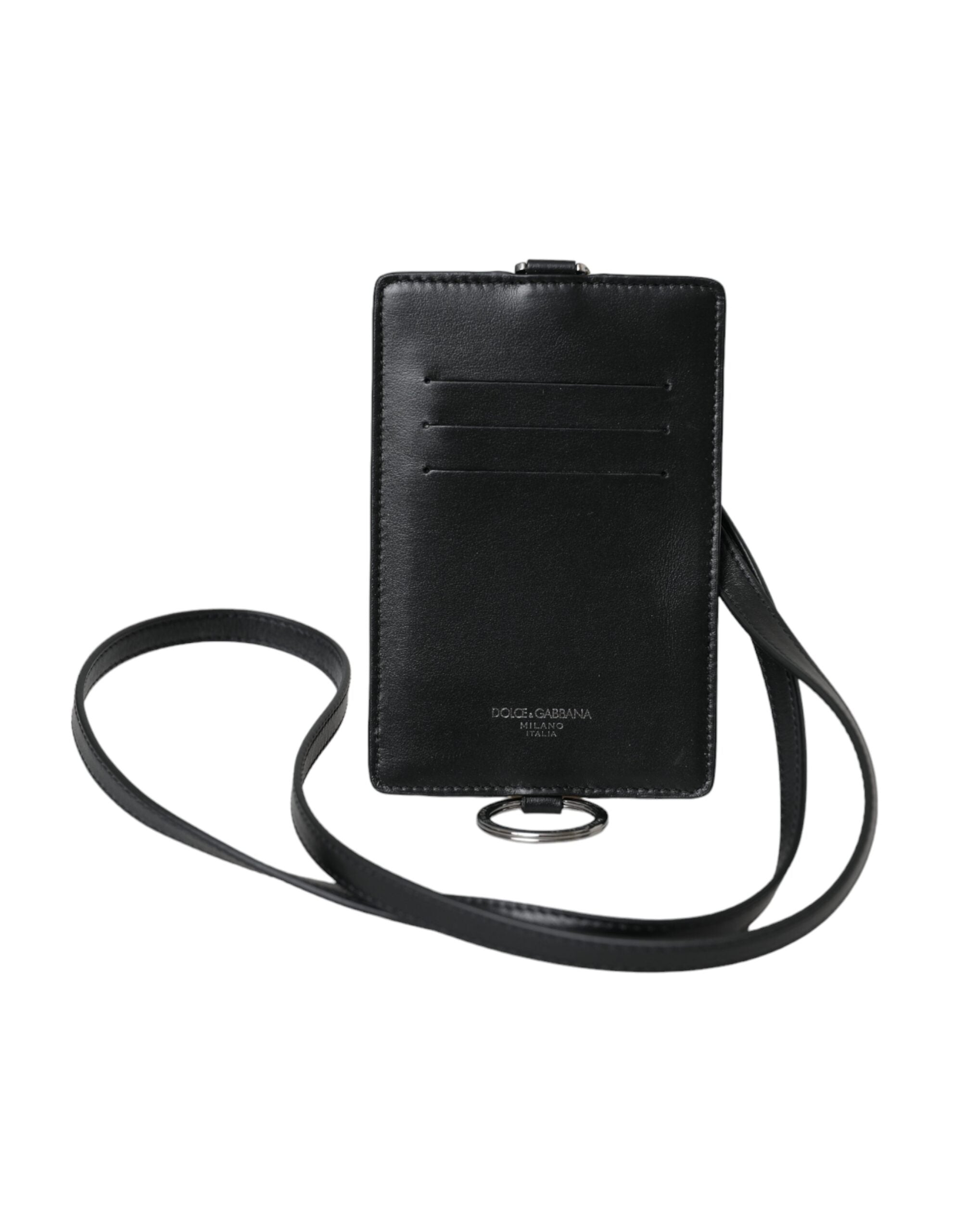 Dolce & Gabbana Black Calfskin Lanyard Logo Card Holder Men's Wallet-1