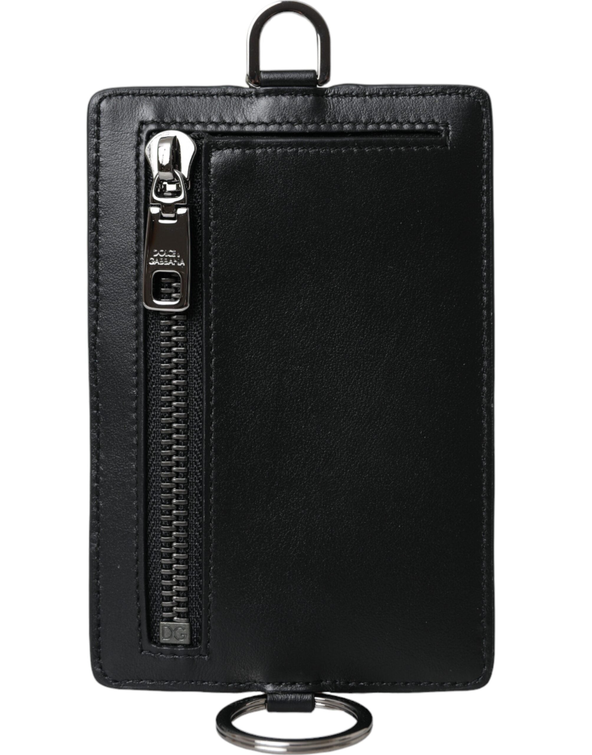 Dolce & Gabbana Black Calfskin Lanyard Logo Card Holder Men's Wallet-3