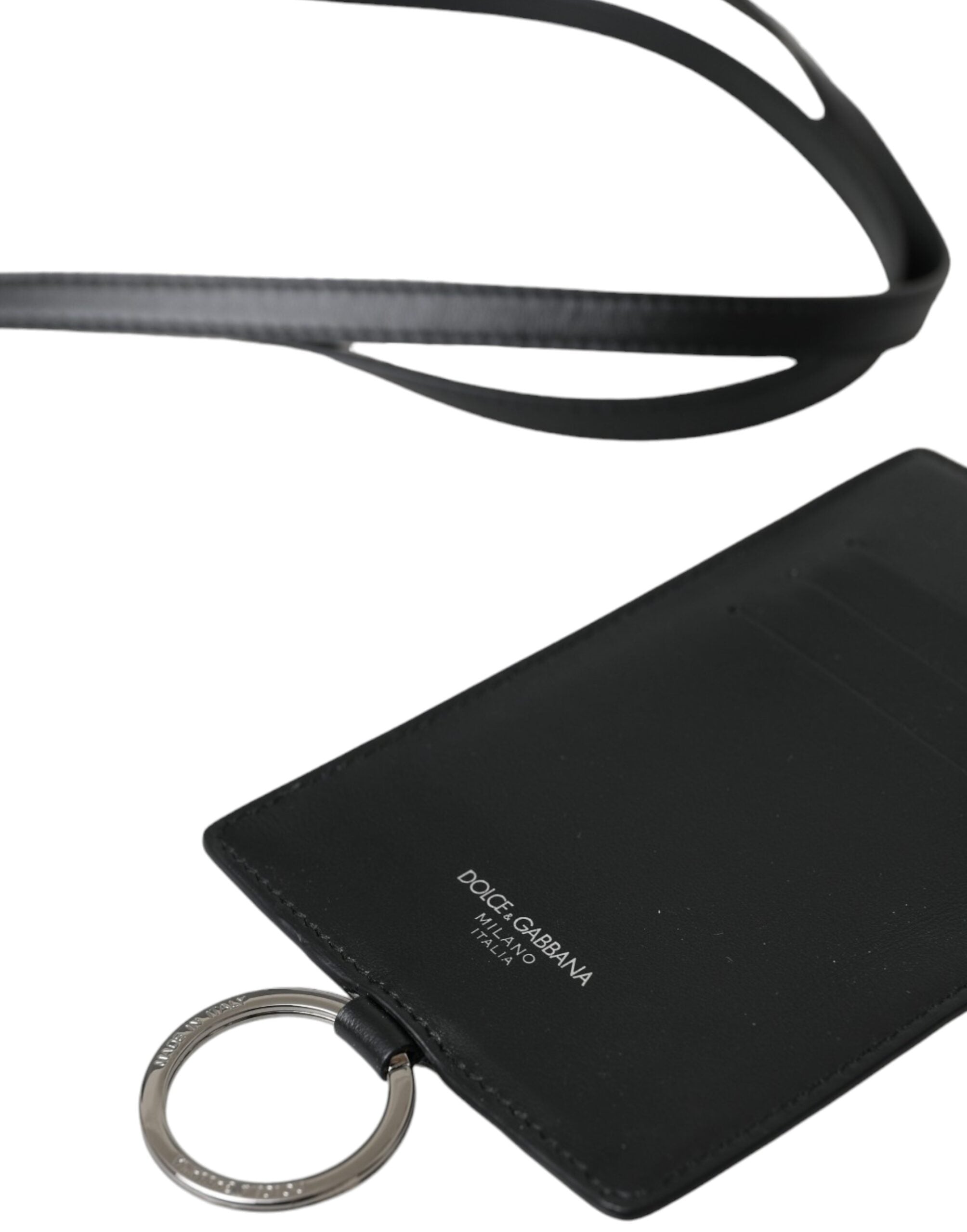 Dolce & Gabbana Black Calfskin Lanyard Logo Card Holder Men's Wallet-4