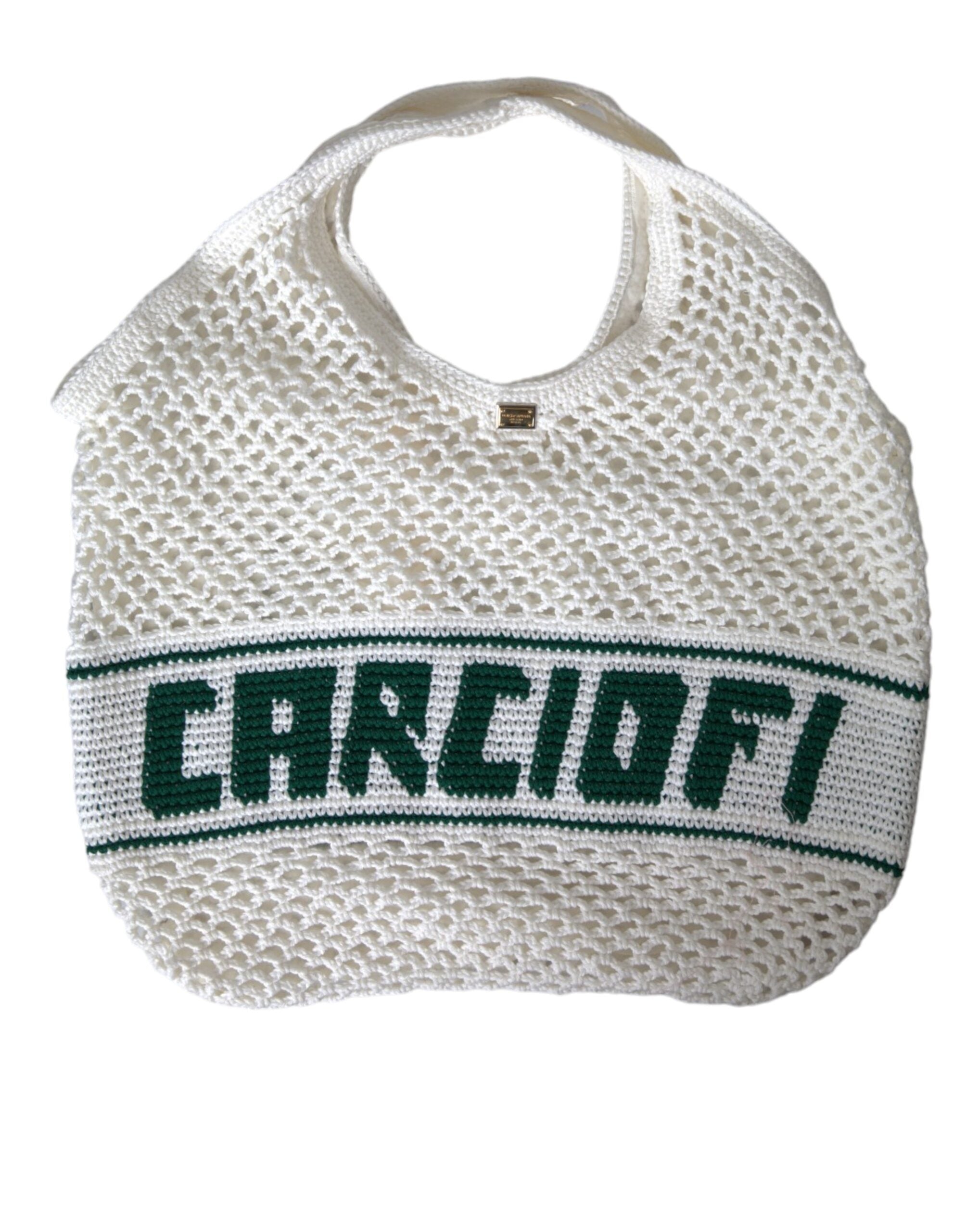 Dolce & Gabbana White Green Knitted Cotton Logo Shopping Bag-1