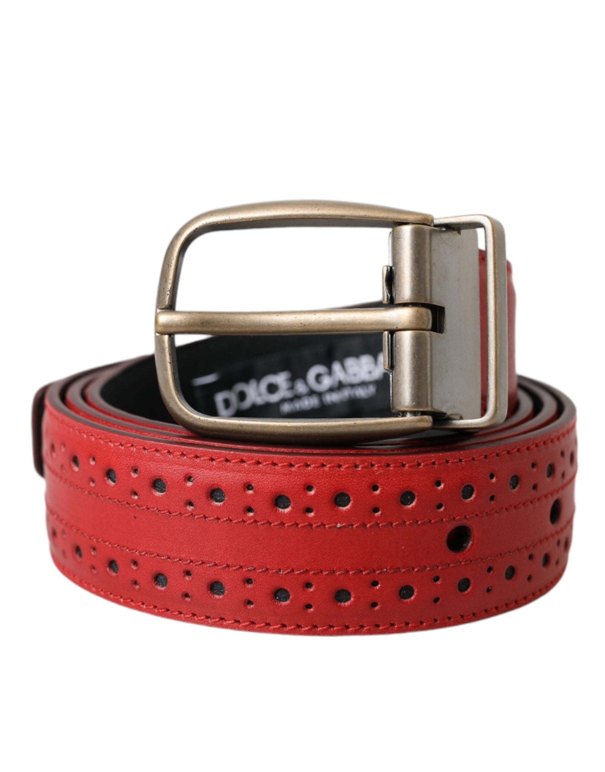 Dolce & Gabbana Red Perforated Leather Metal Buckle Belt Men-2