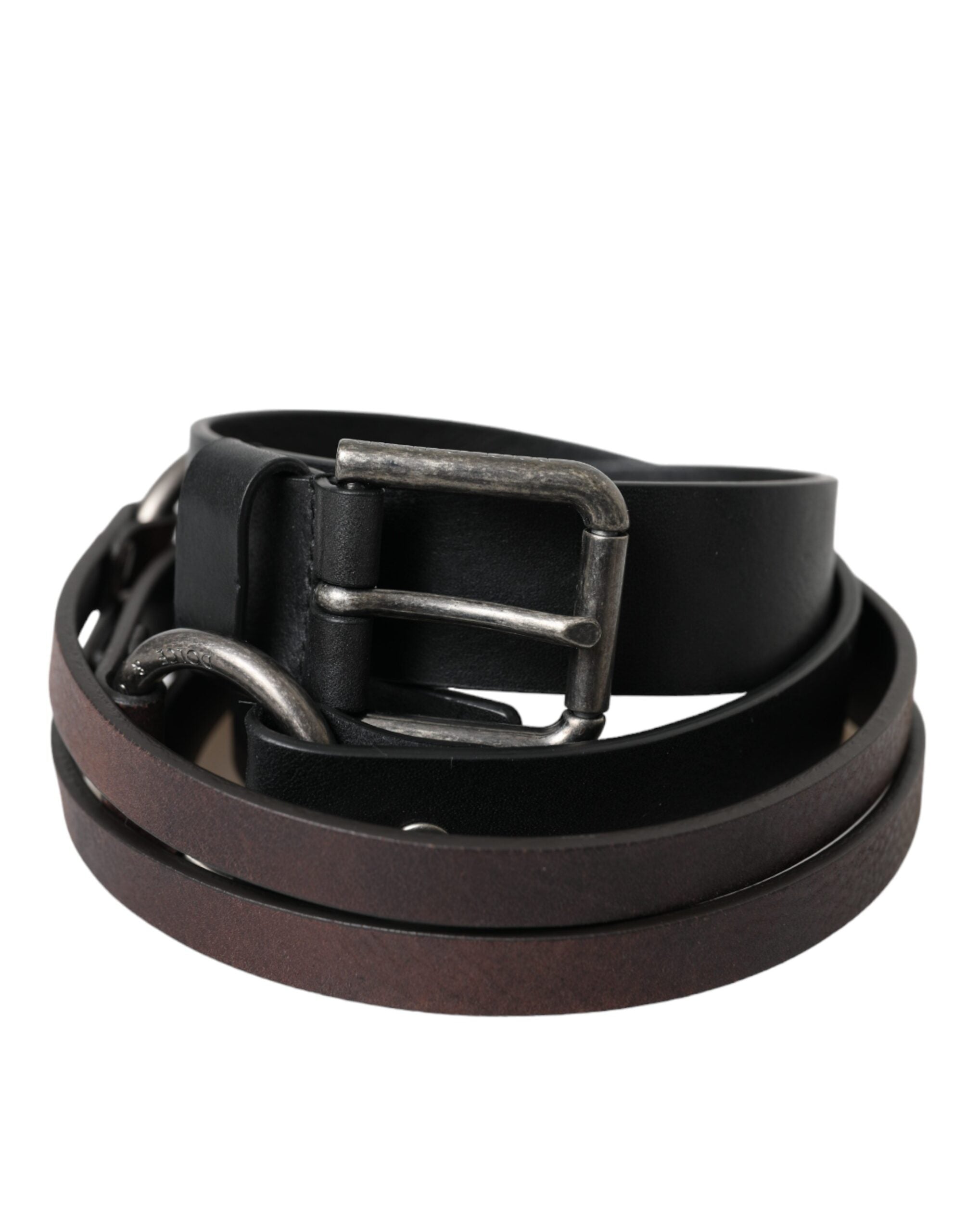 Dolce & Gabbana Black Brown Leather Silver Metal Buckle Belt-1