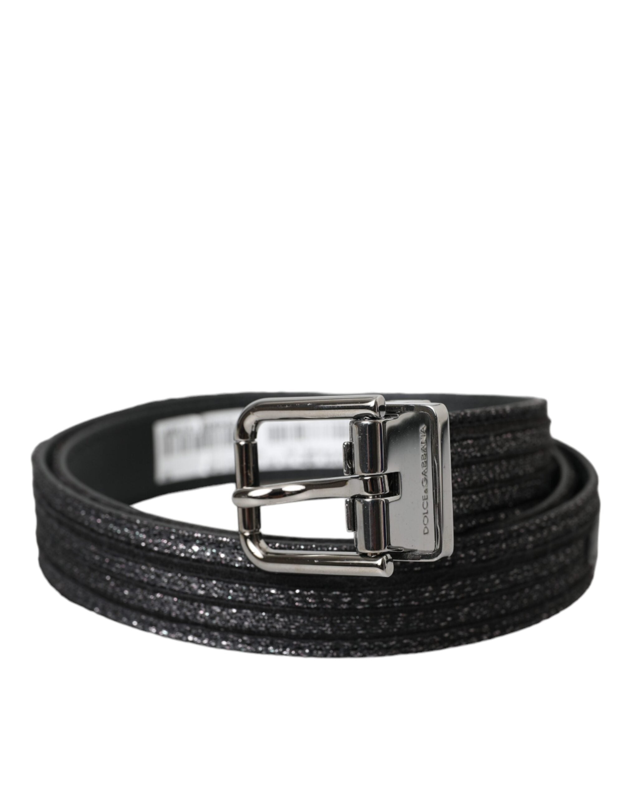 Dolce & Gabbana Schwarzer Jacquard-Streifen Gürtel mit silberner Metallschnalle-1