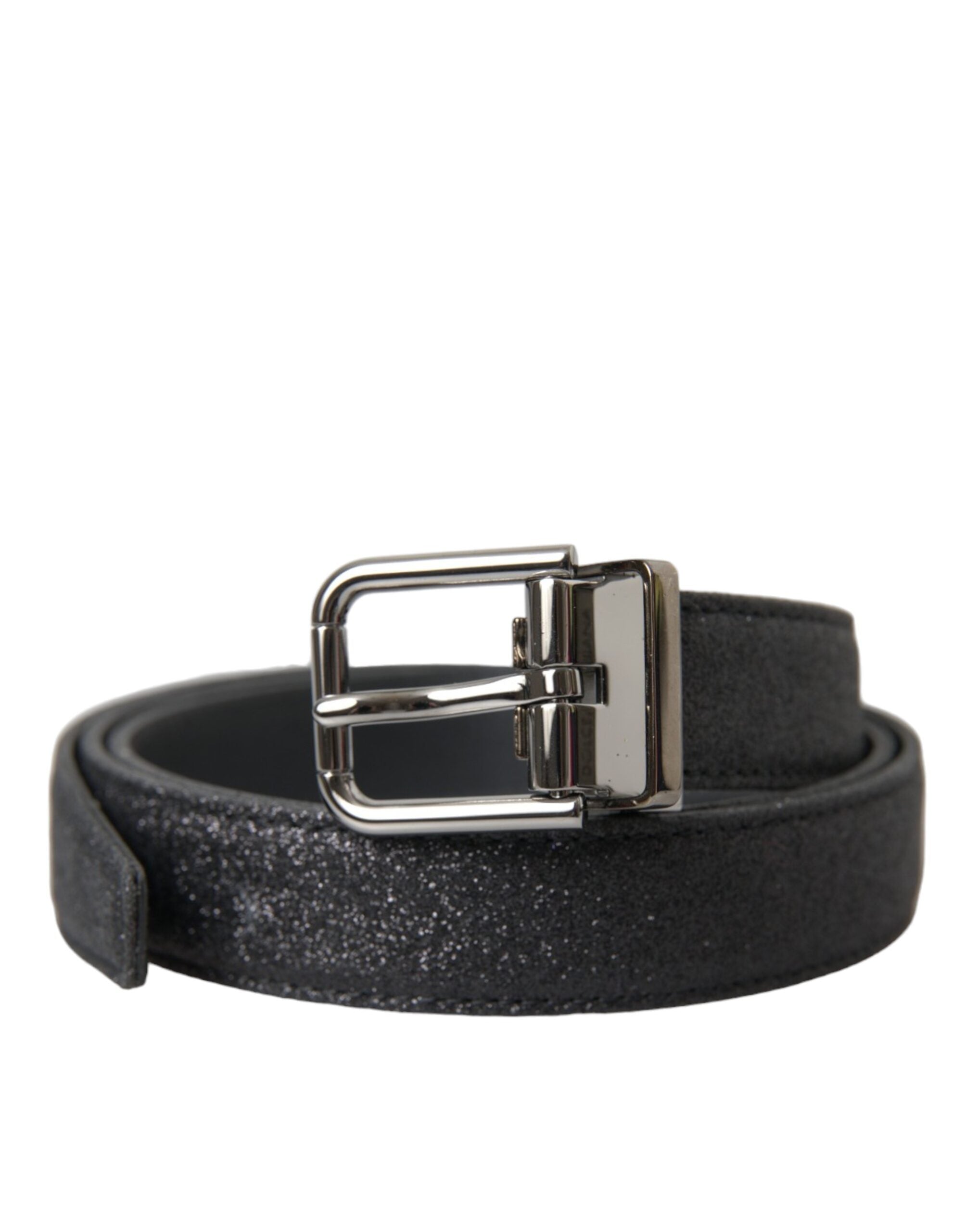 Dolce & Gabbana Black Glitter Leather Belt with Silver Buckle-1