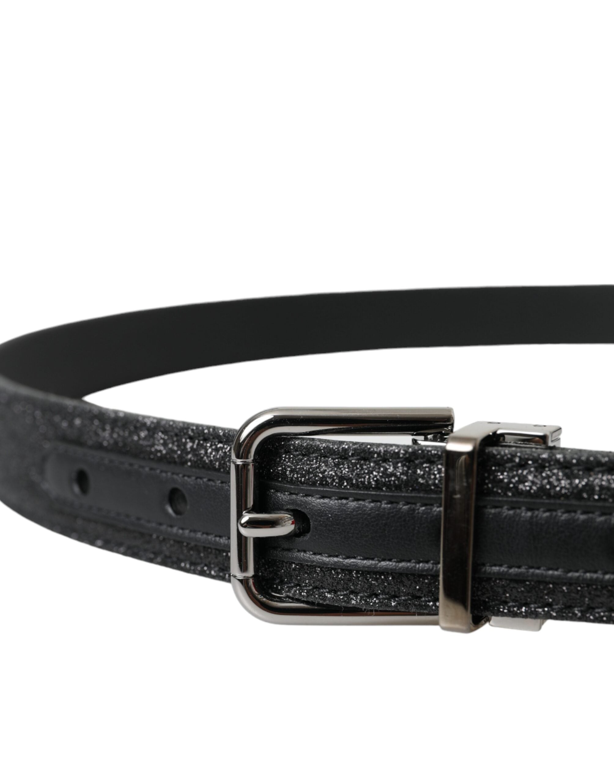 Dolce & Gabbana Black Glitter Leather Belt with Silver Buckle-3