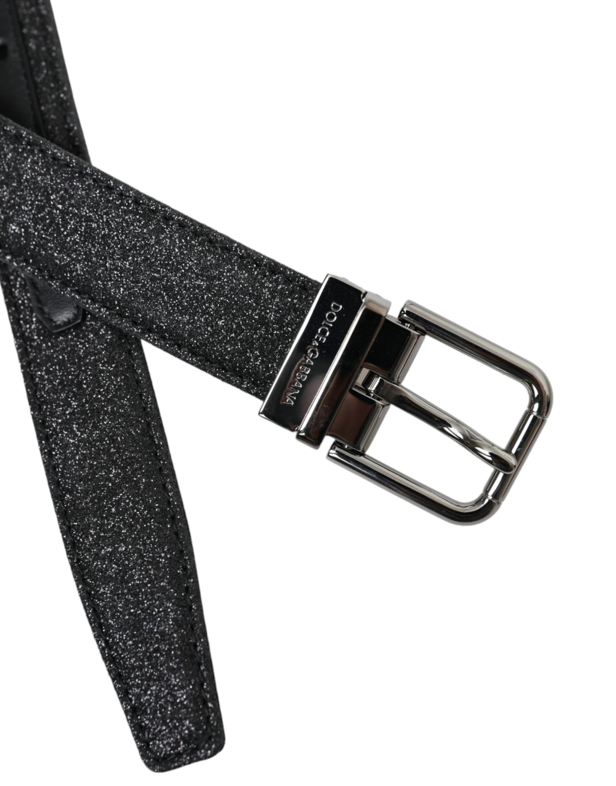 Dolce & Gabbana Black Glitter Leather Belt with Silver Buckle-5