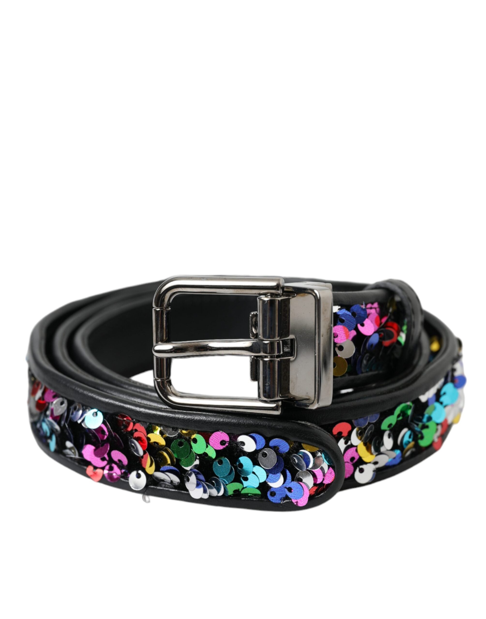 Dolce & Gabbana Black Sequin Belt with Silver Metal Buckle for Women-1