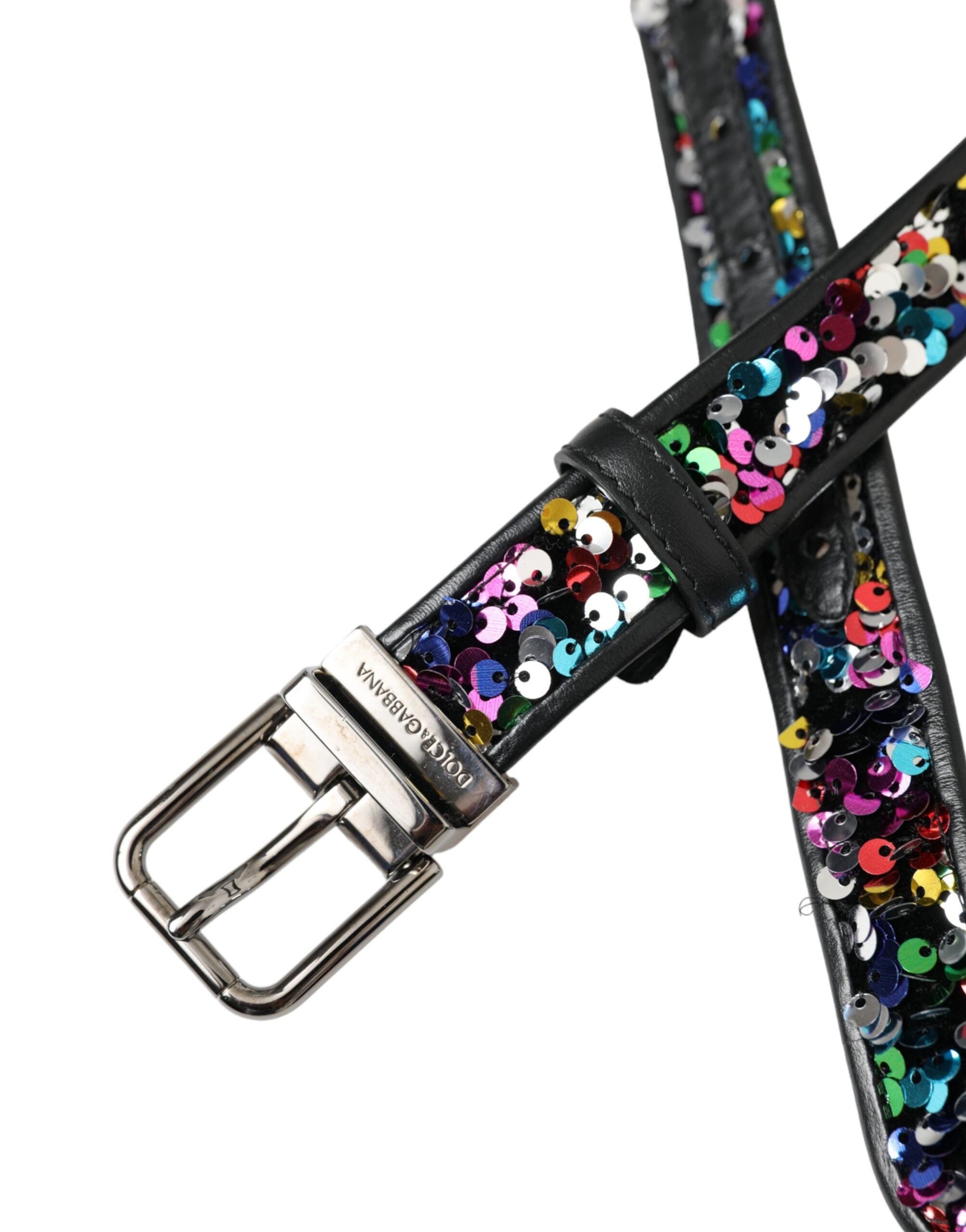 Dolce & Gabbana Black Sequin Belt with Silver Metal Buckle for Women-4