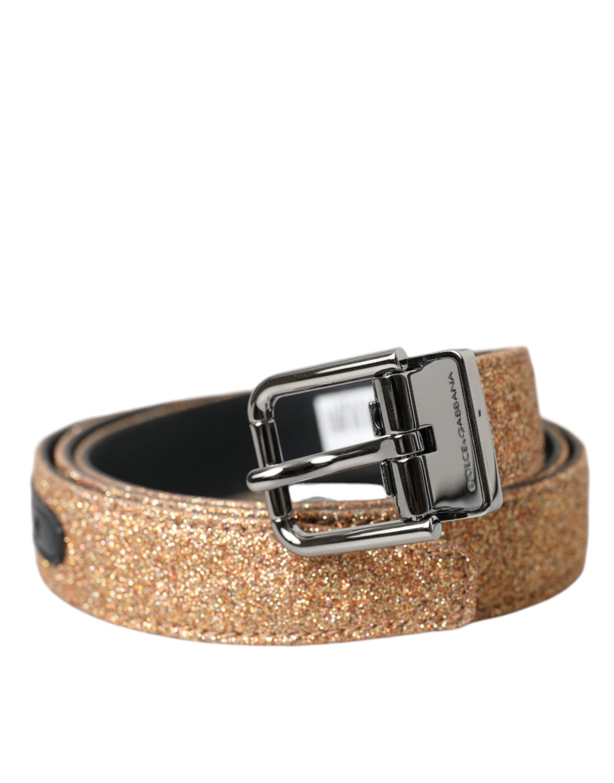 Cinturón de cuero con hebilla de metal plateado y purpurina dorada de Dolce & Gabbana-1