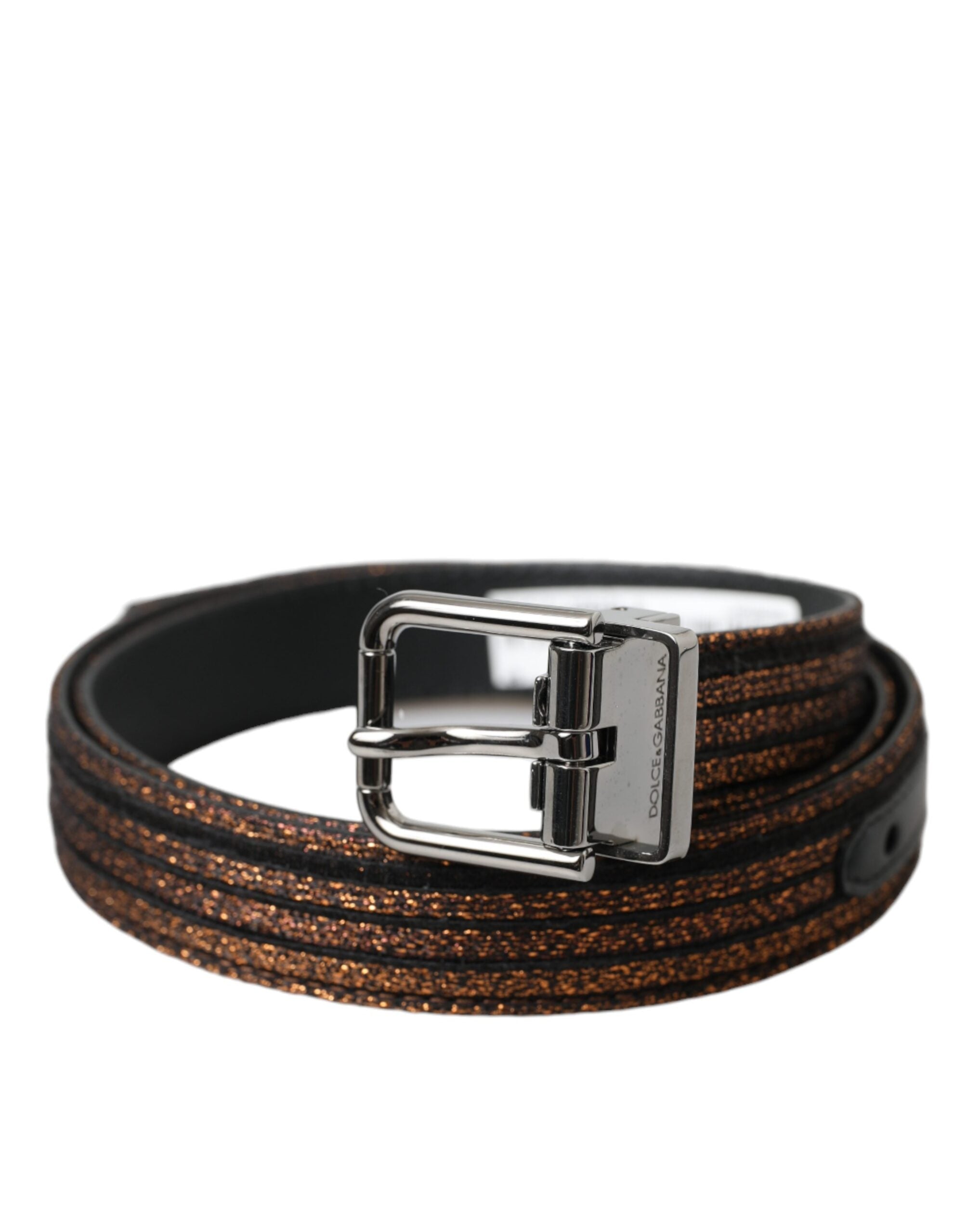 Cinturón de jacquard a rayas dorado de Dolce & Gabbana con hebilla de metal plateado-1