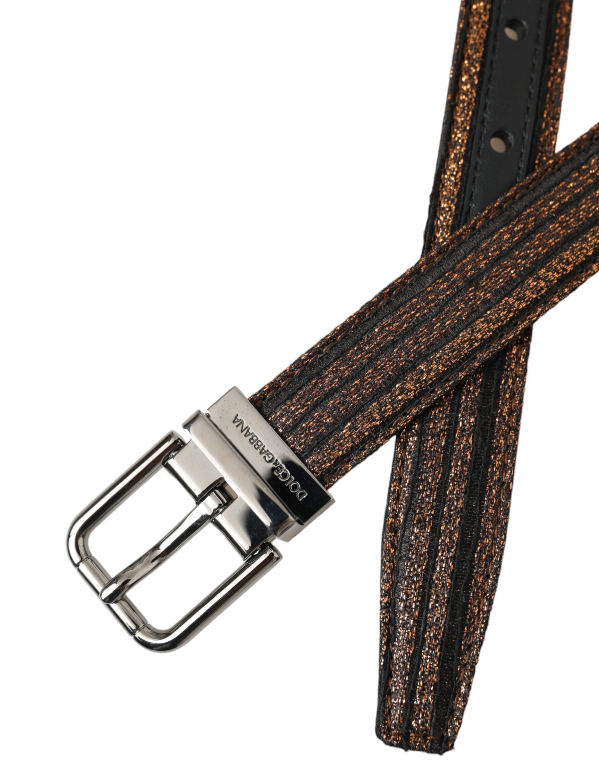 Cinturón de jacquard a rayas dorado de Dolce & Gabbana con hebilla de metal plateado-5