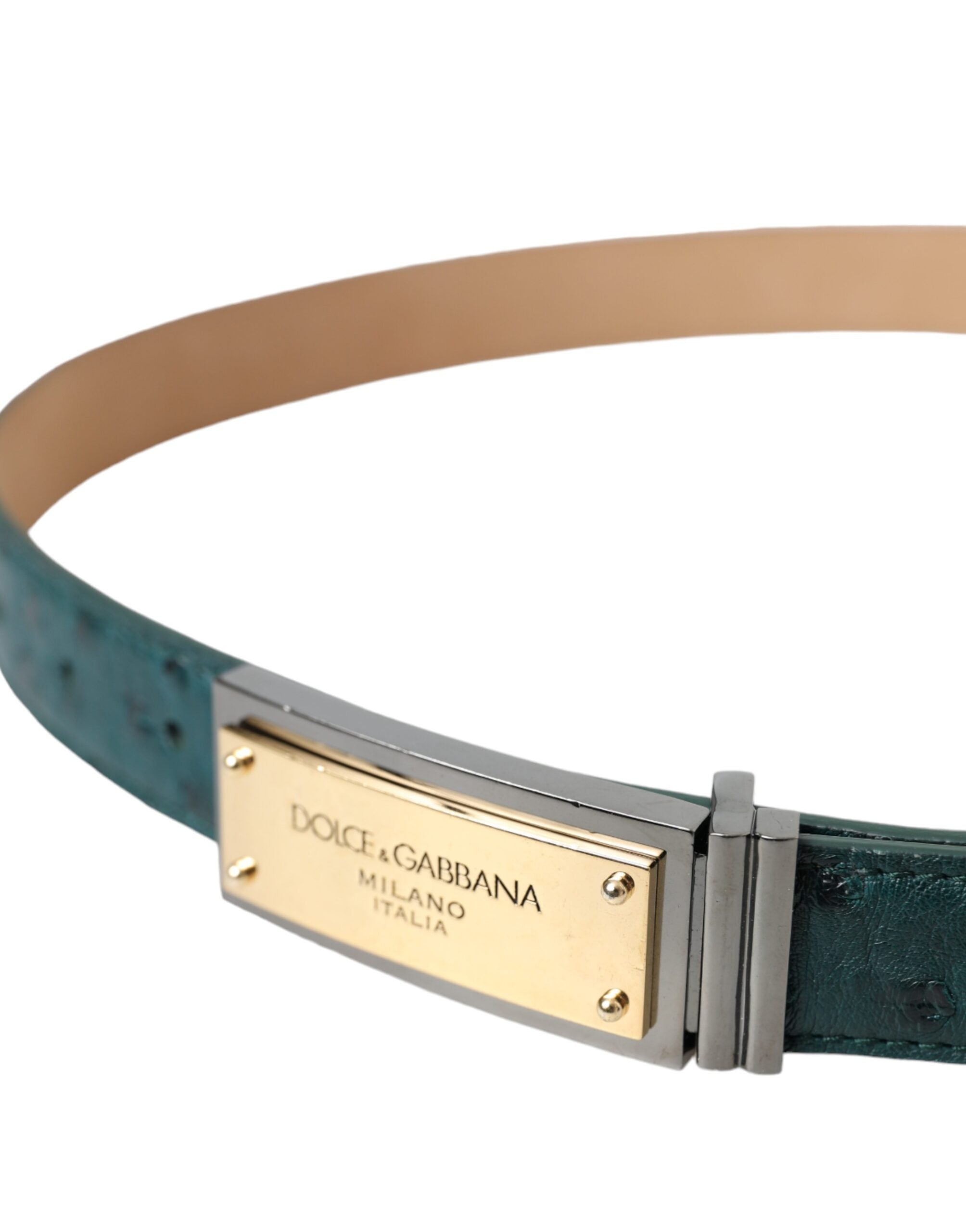Dolce & Gabbana Grünes Leder Gold Logo Gravierte Schnalle Gürtel-3