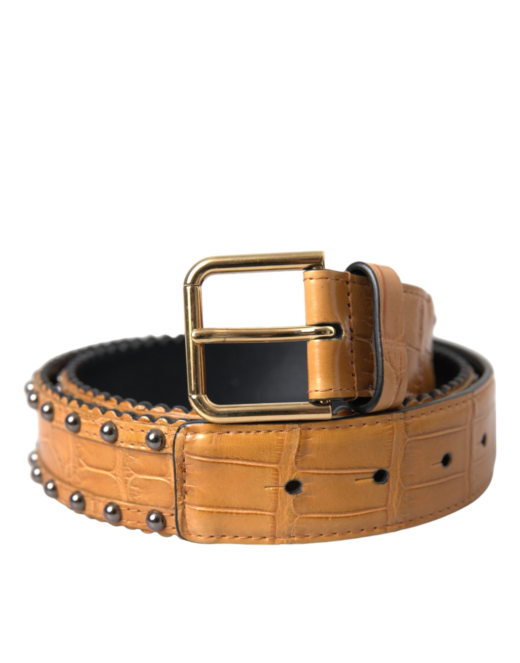 Dolce & Gabbana Beige Alligator Leather Studded Belt with Metal Buckle