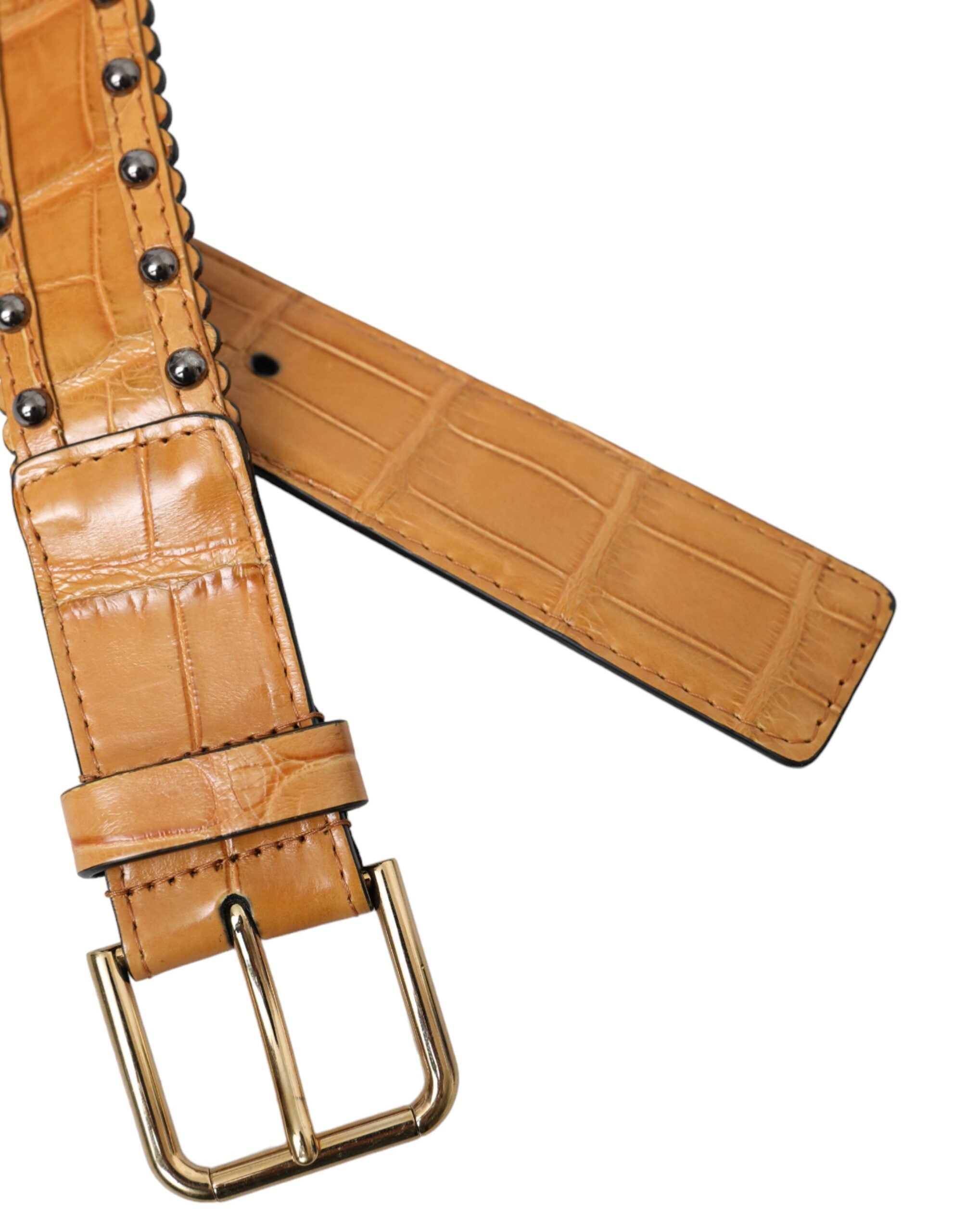 Dolce & Gabbana Beige Alligator Leather Studded Belt with Metal Buckle-4