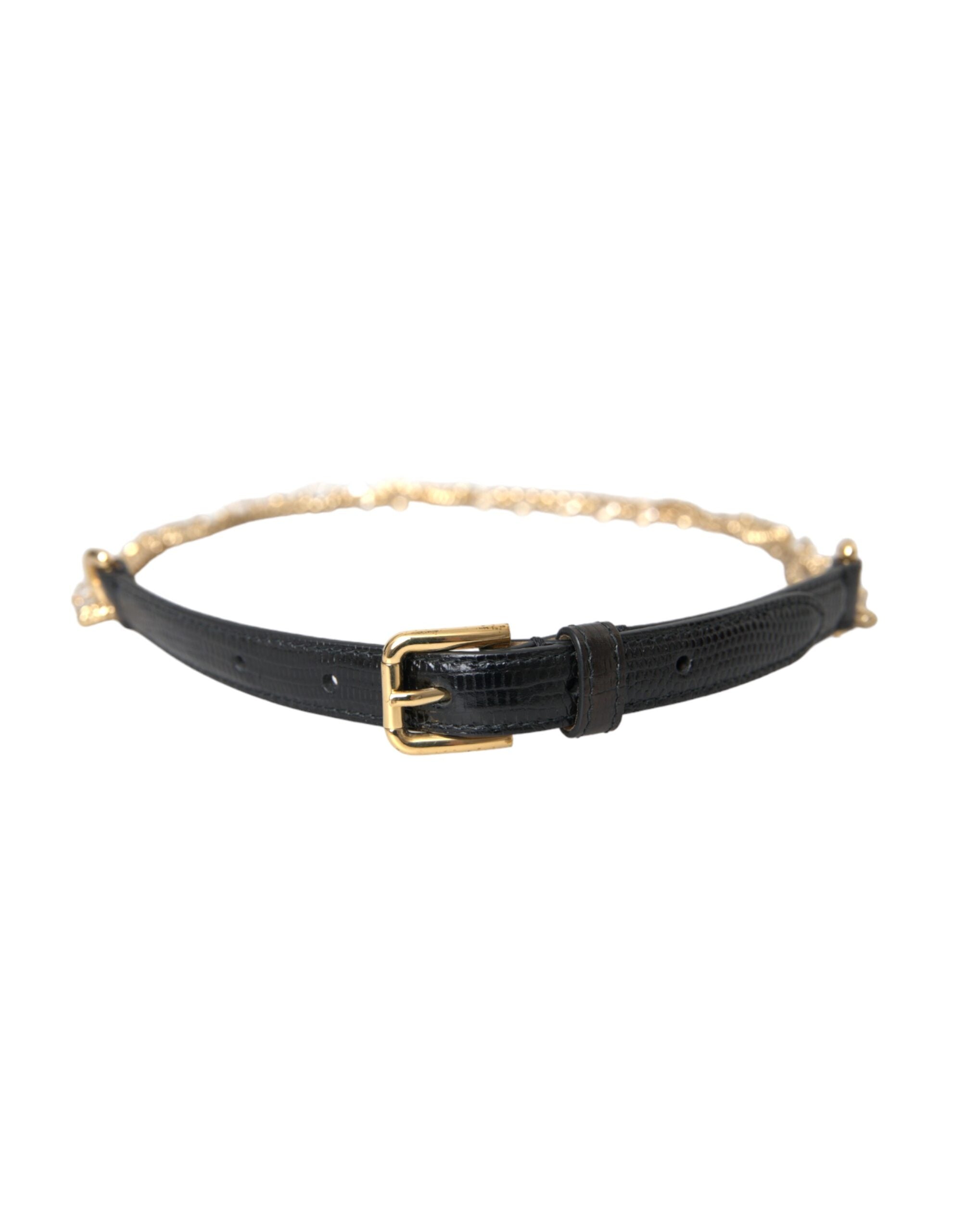 Dolce & Gabbana Schwarzes Leder Gold Kette Kristall Taille Frauen Gürtel-1
