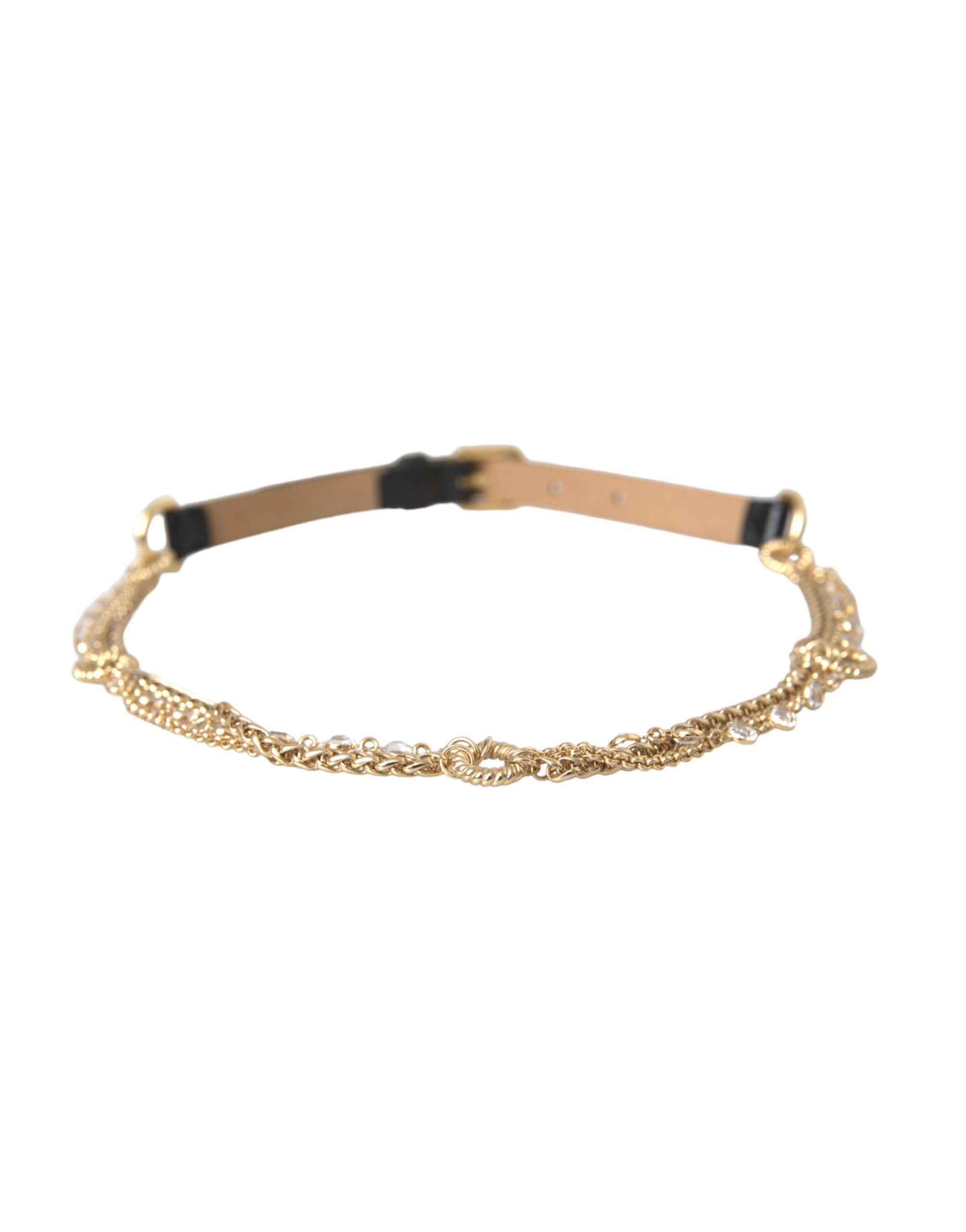 Dolce & Gabbana Schwarzes Leder Gold Kette Kristall Taille Frauen Gürtel-2