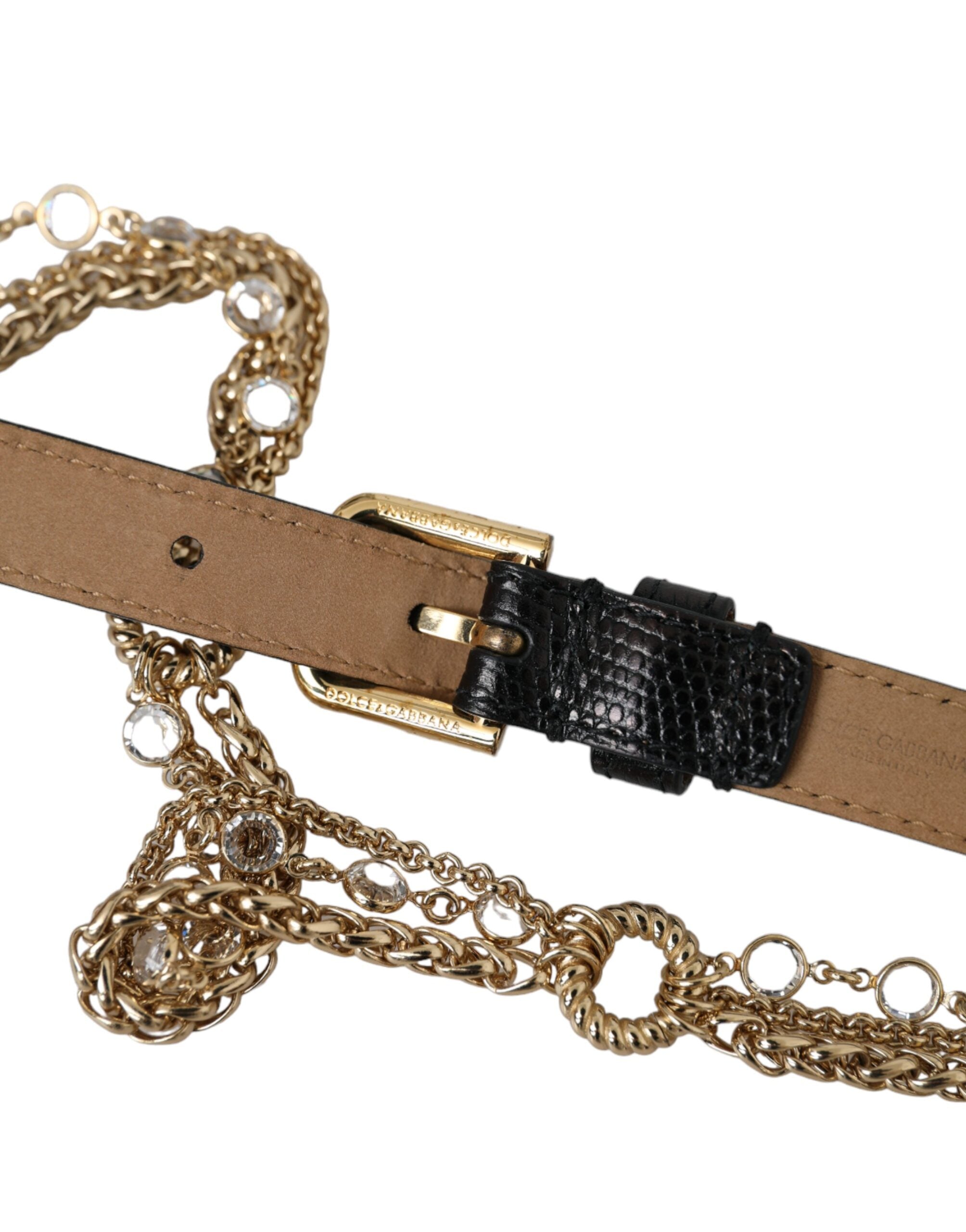 Dolce & Gabbana Schwarzes Leder Gold Kette Kristall Taille Frauen Gürtel-4
