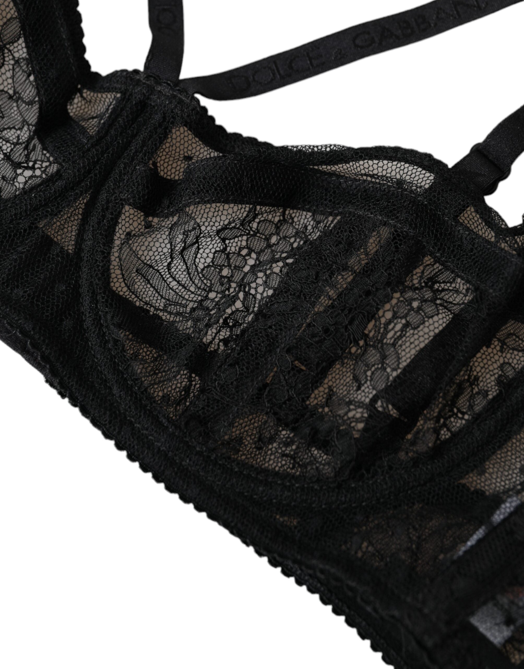 Dolce & Gabbana Black Floral Lace Nylon Balconcino Bra Underwear-3