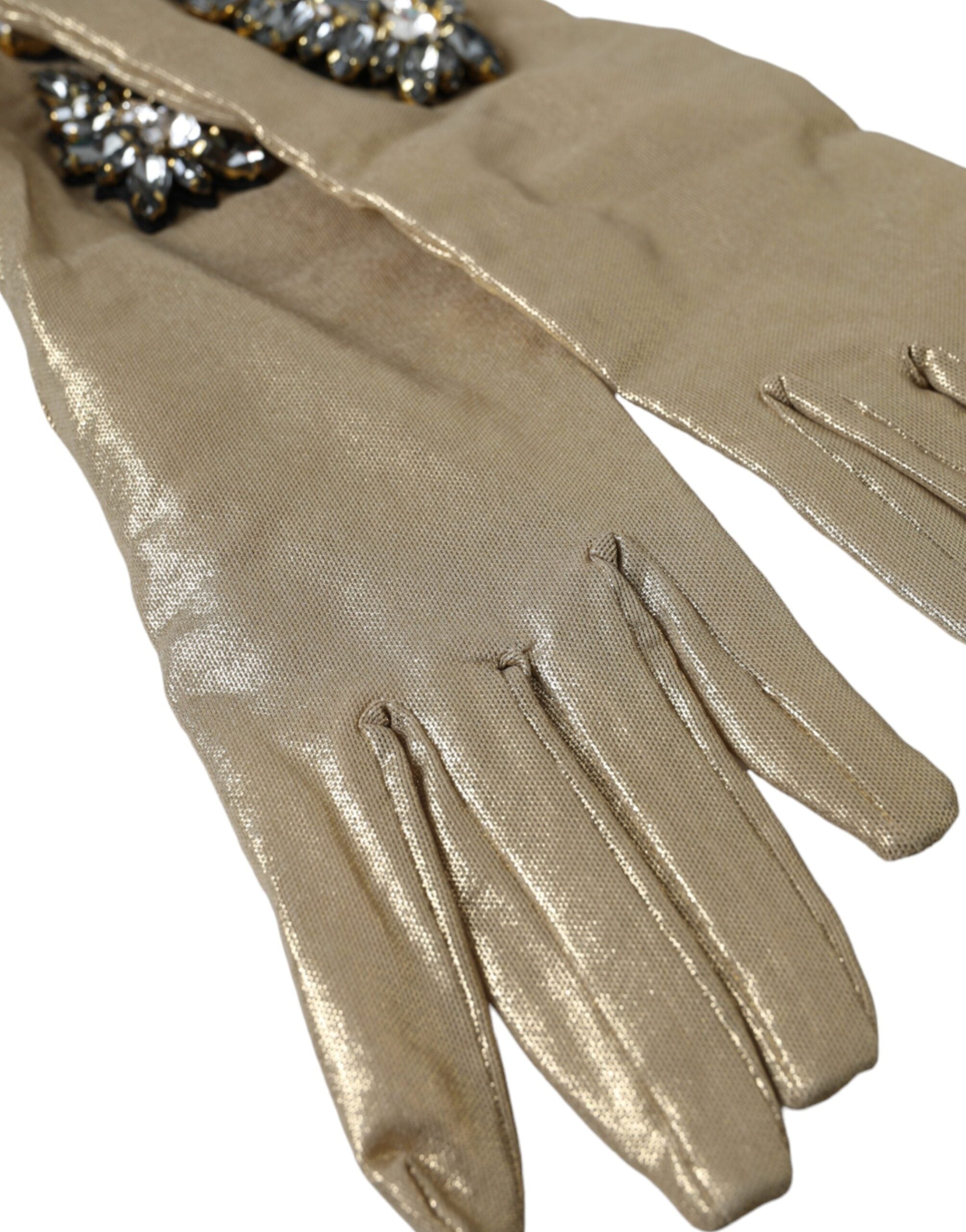 Dolce & Gabbana Beige Satin Crystal Elbow-Length Gloves-4
