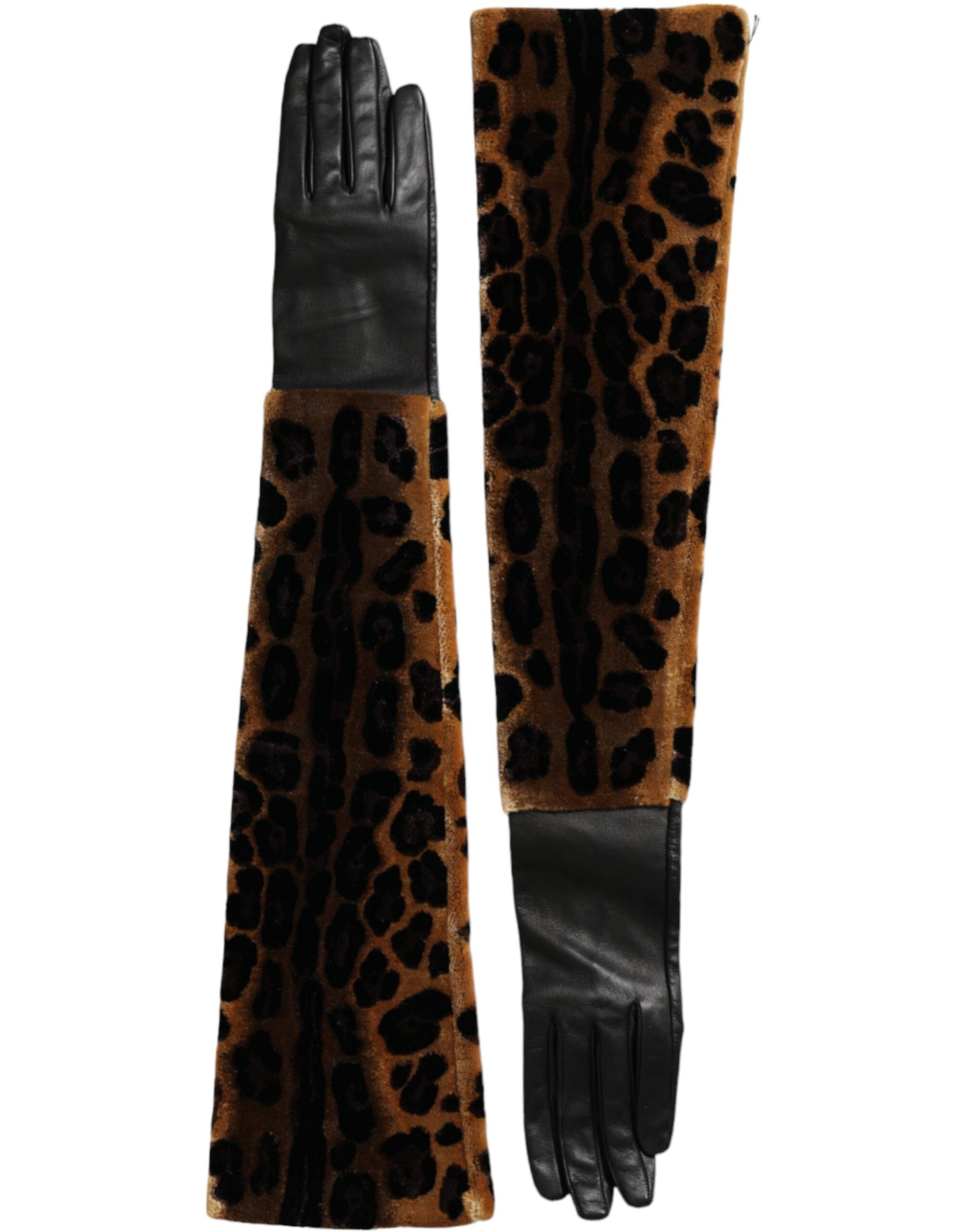 Guantes hasta el codo de piel de leopardo marrón y negro de Dolce & Gabbana-1