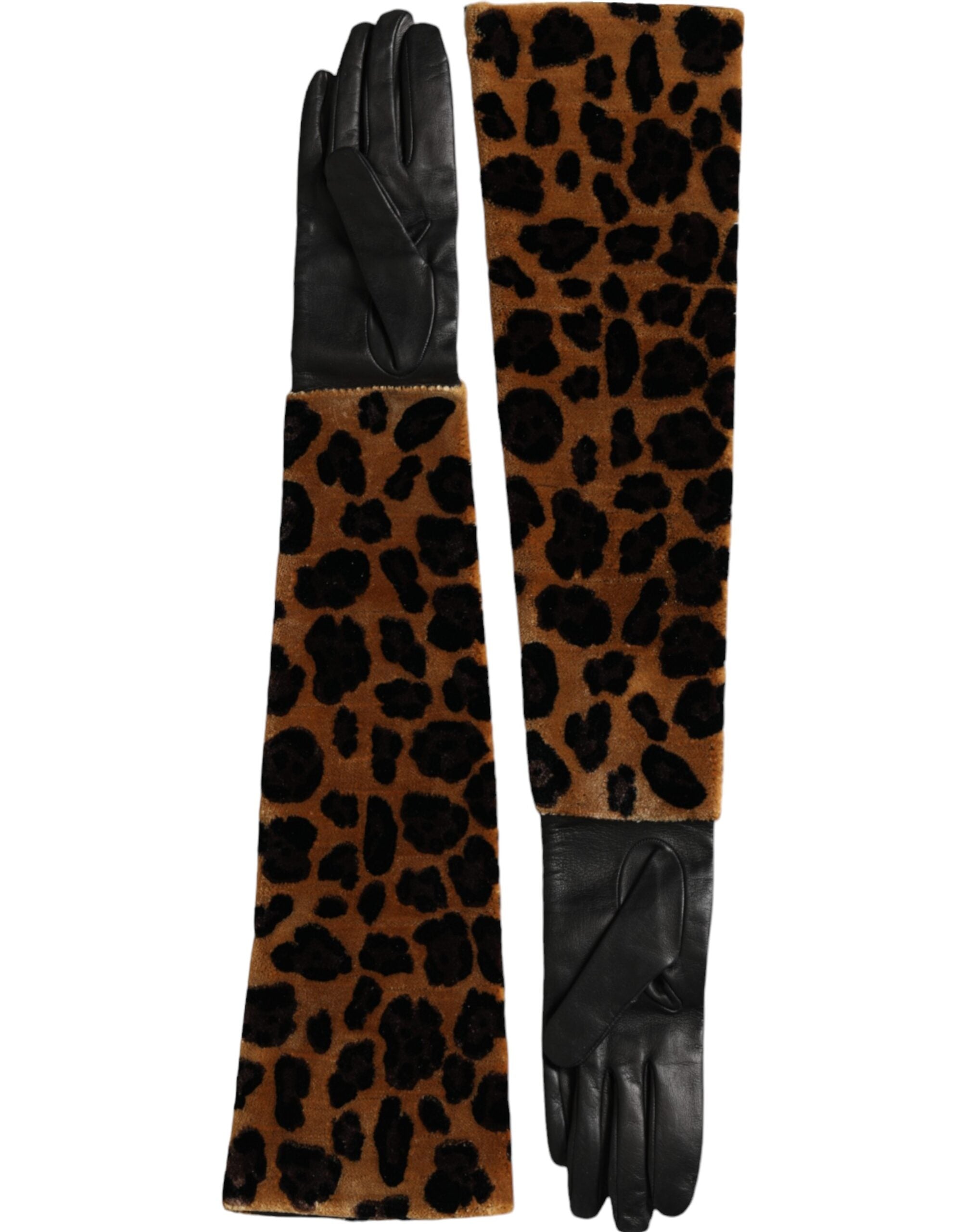 Guantes hasta el codo de piel de leopardo marrón y negro de Dolce & Gabbana-2