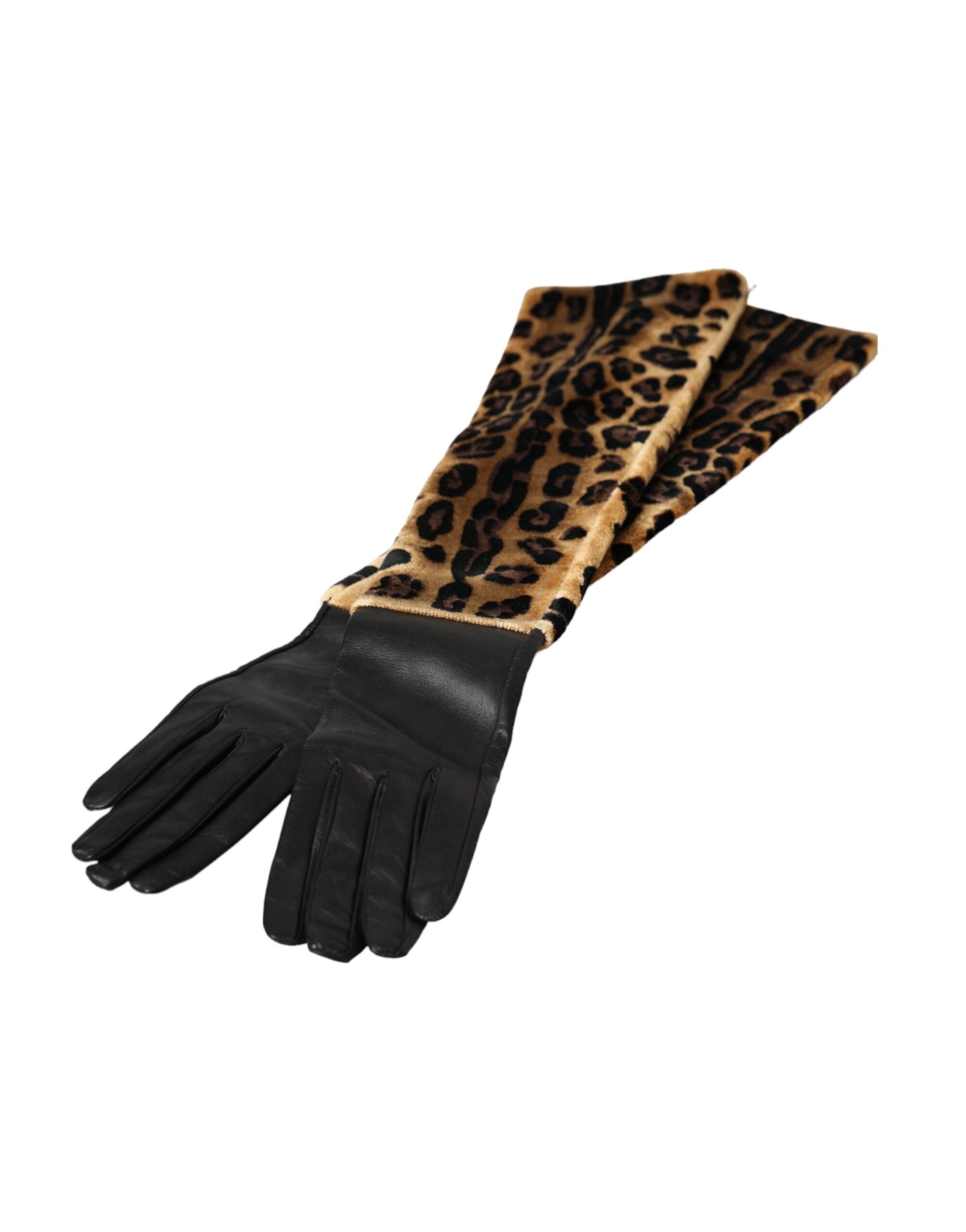 Guantes hasta el codo de piel de leopardo marrón y negro de Dolce & Gabbana-4