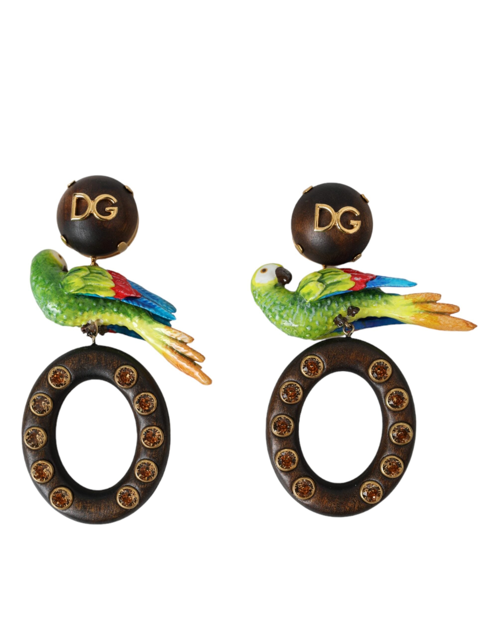 Dolce & Gabbana Multicolor Parrot Wood Brass Crystal Embellished Earrings-2