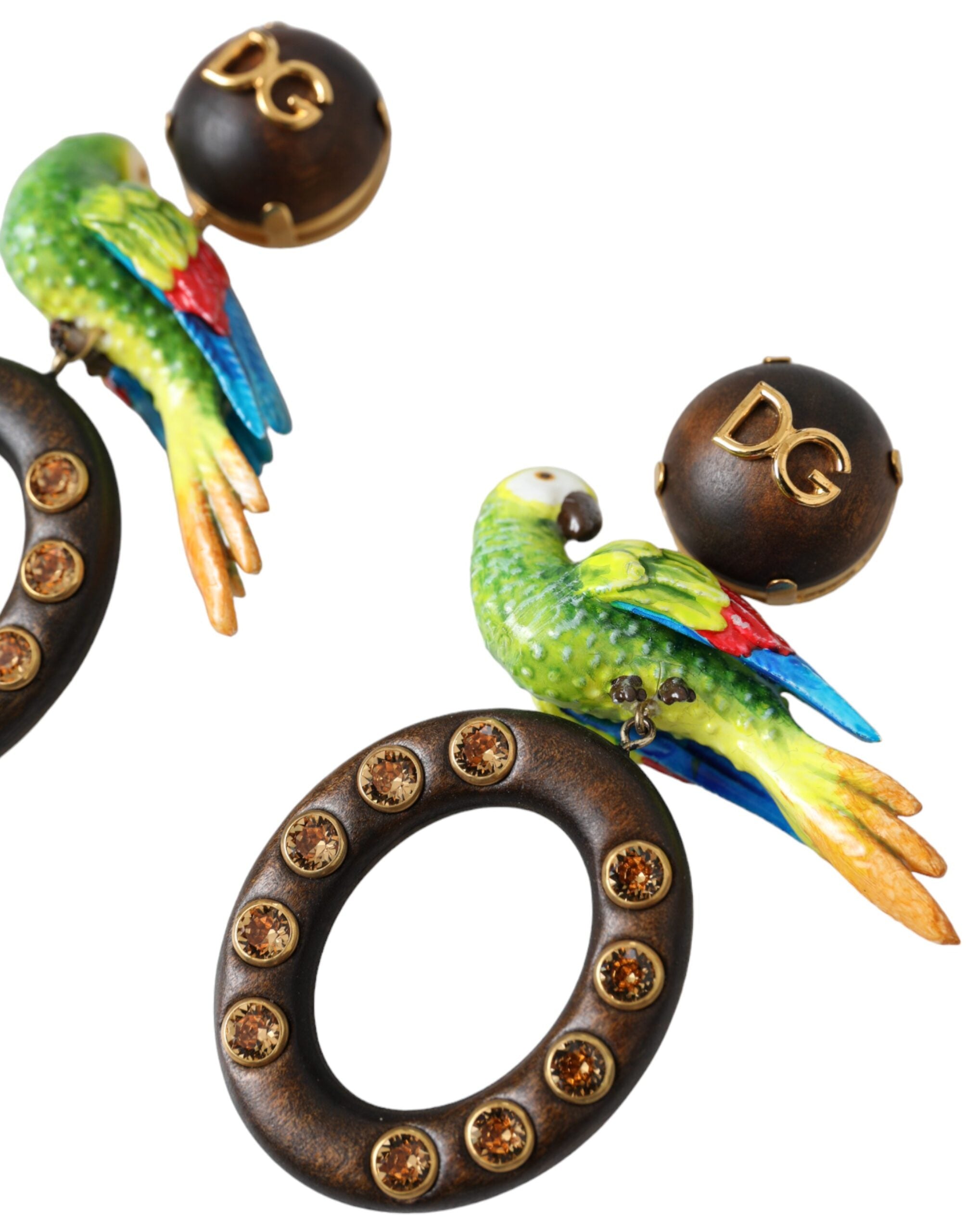Dolce & Gabbana Multicolor Parrot Wood Brass Crystal Embellished Earrings-3