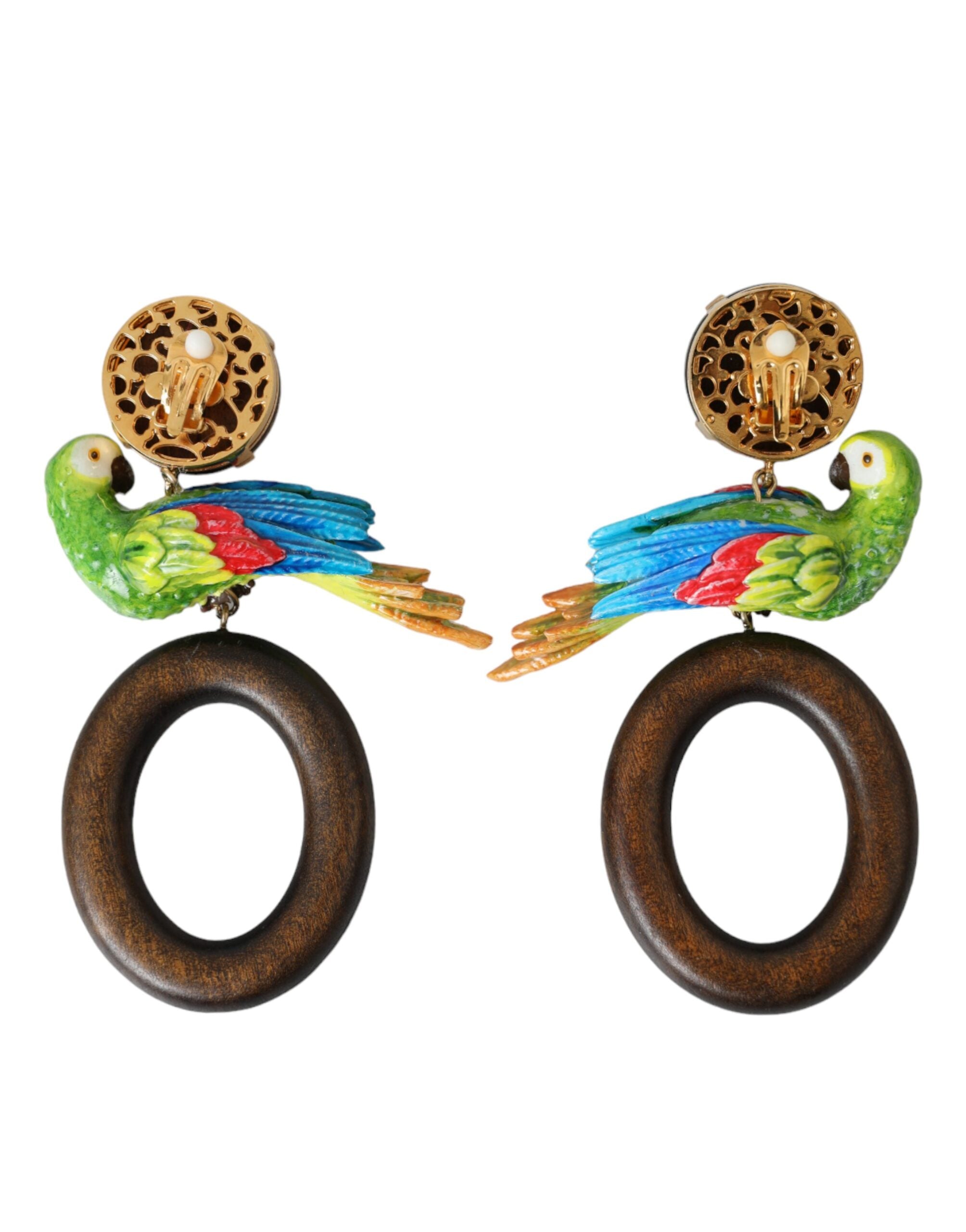 Dolce & Gabbana Multicolor Parrot Wood Brass Crystal Embellished Earrings-4