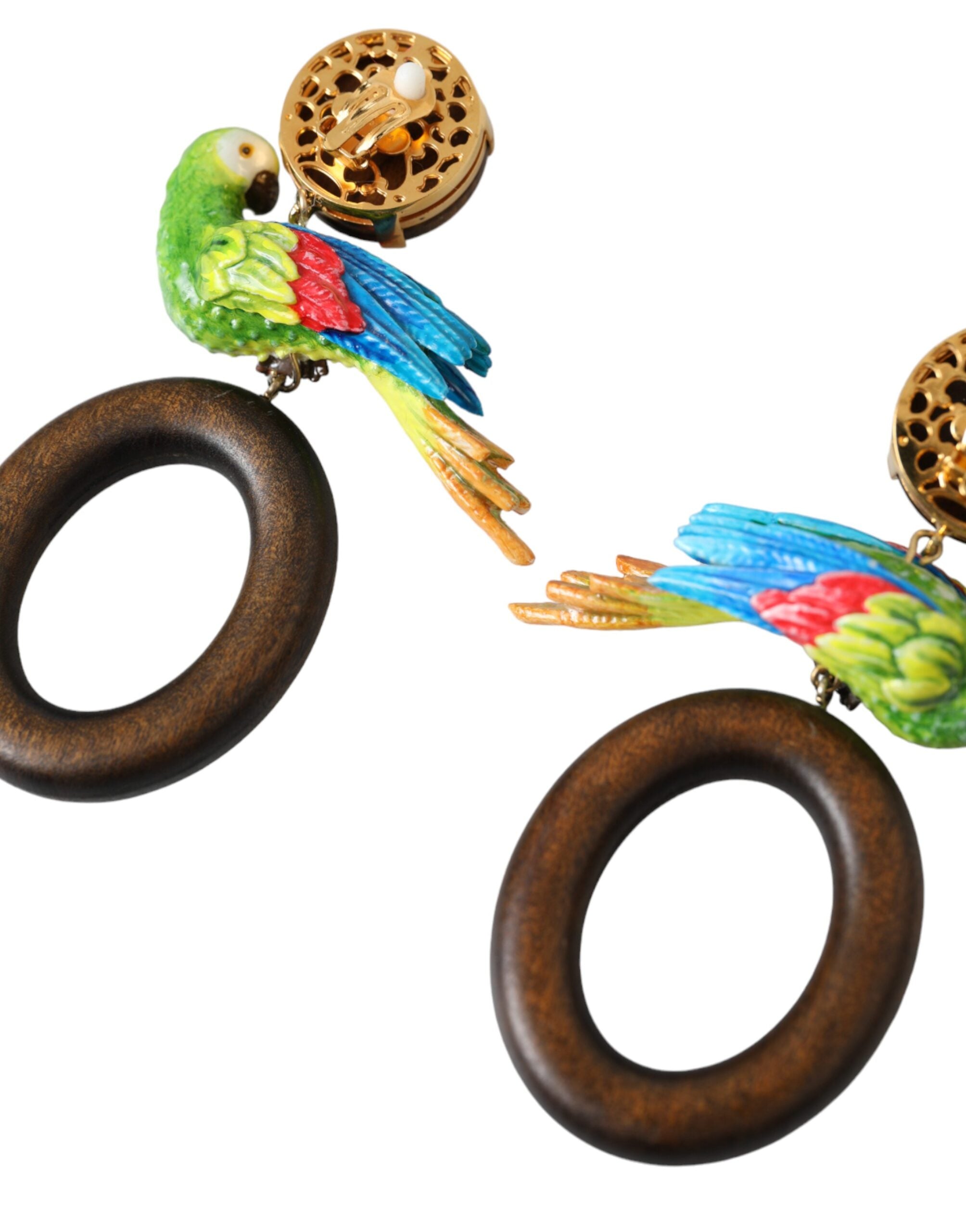 Dolce & Gabbana Multicolor Parrot Wood Brass Crystal Embellished Earrings-5