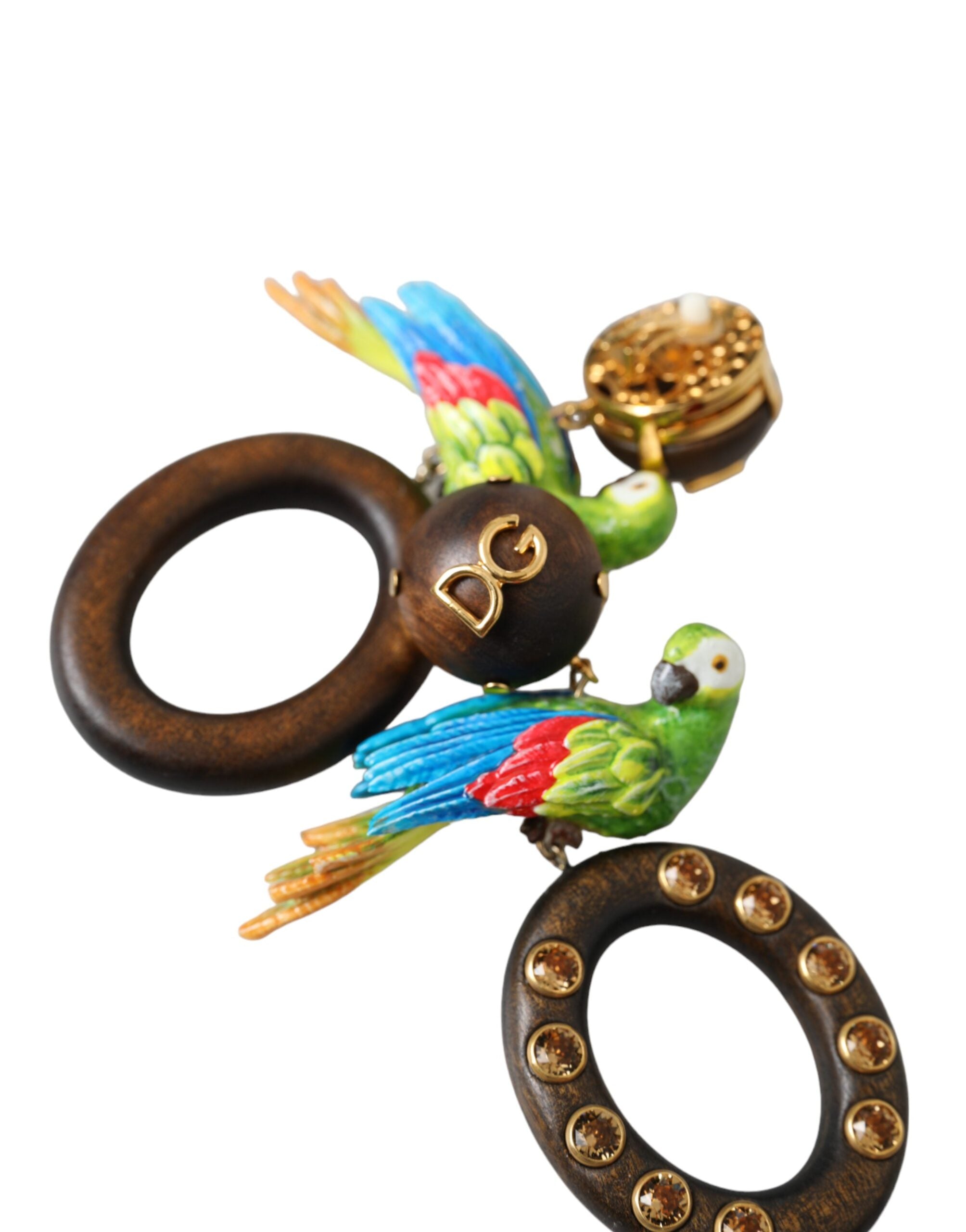 Dolce & Gabbana Multicolor Parrot Wood Brass Crystal Embellished Earrings-6
