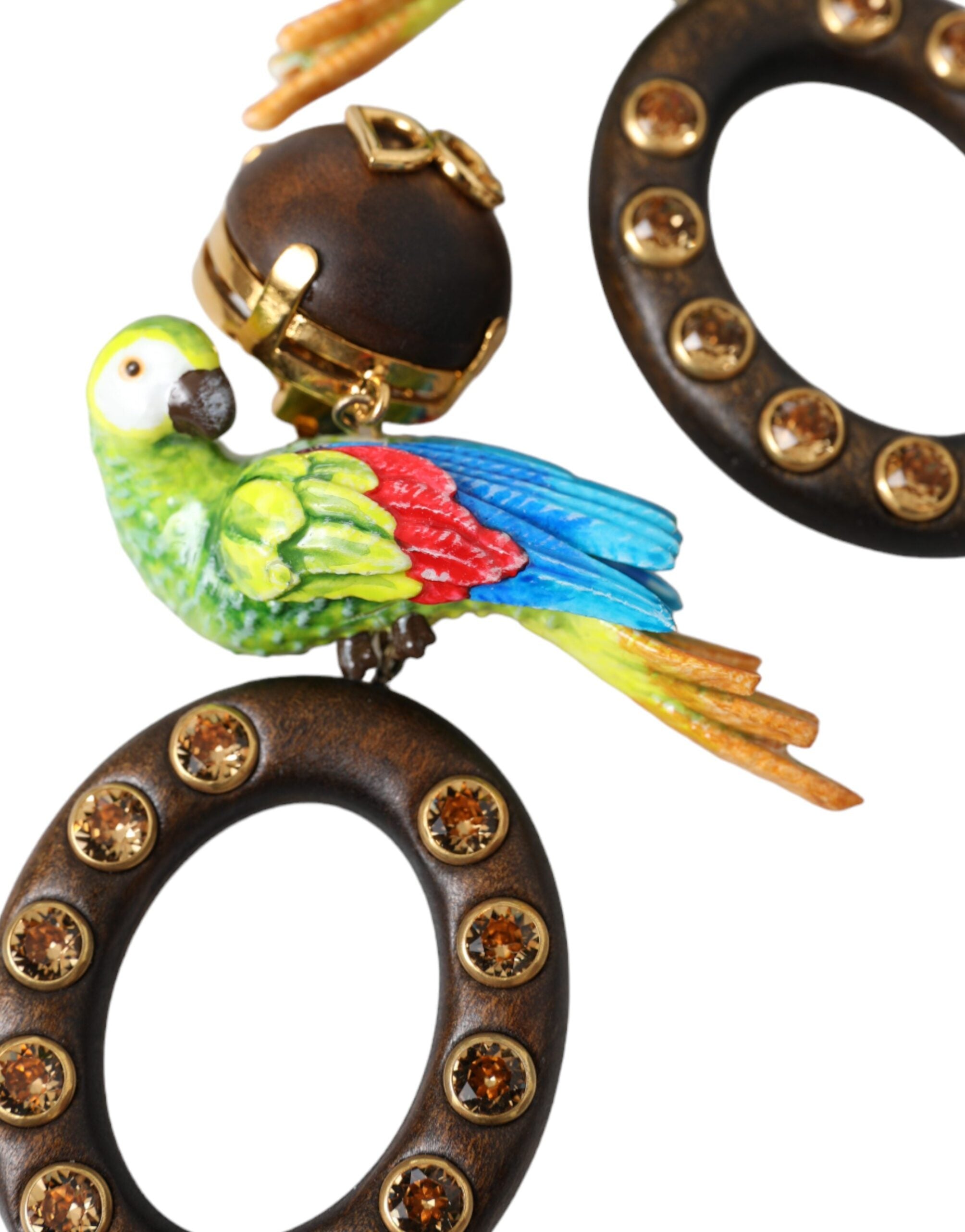 Dolce & Gabbana Multicolor Parrot Wood Brass Crystal Embellished Earrings-7