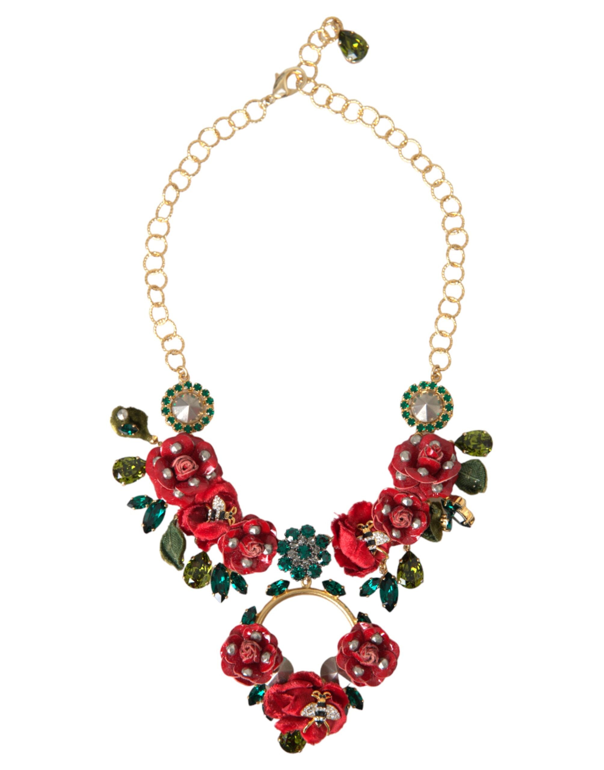 Dolce & Gabbana Gold-Messing-Gliederkette RosePetal Kristall-Anhänger Halskette-2