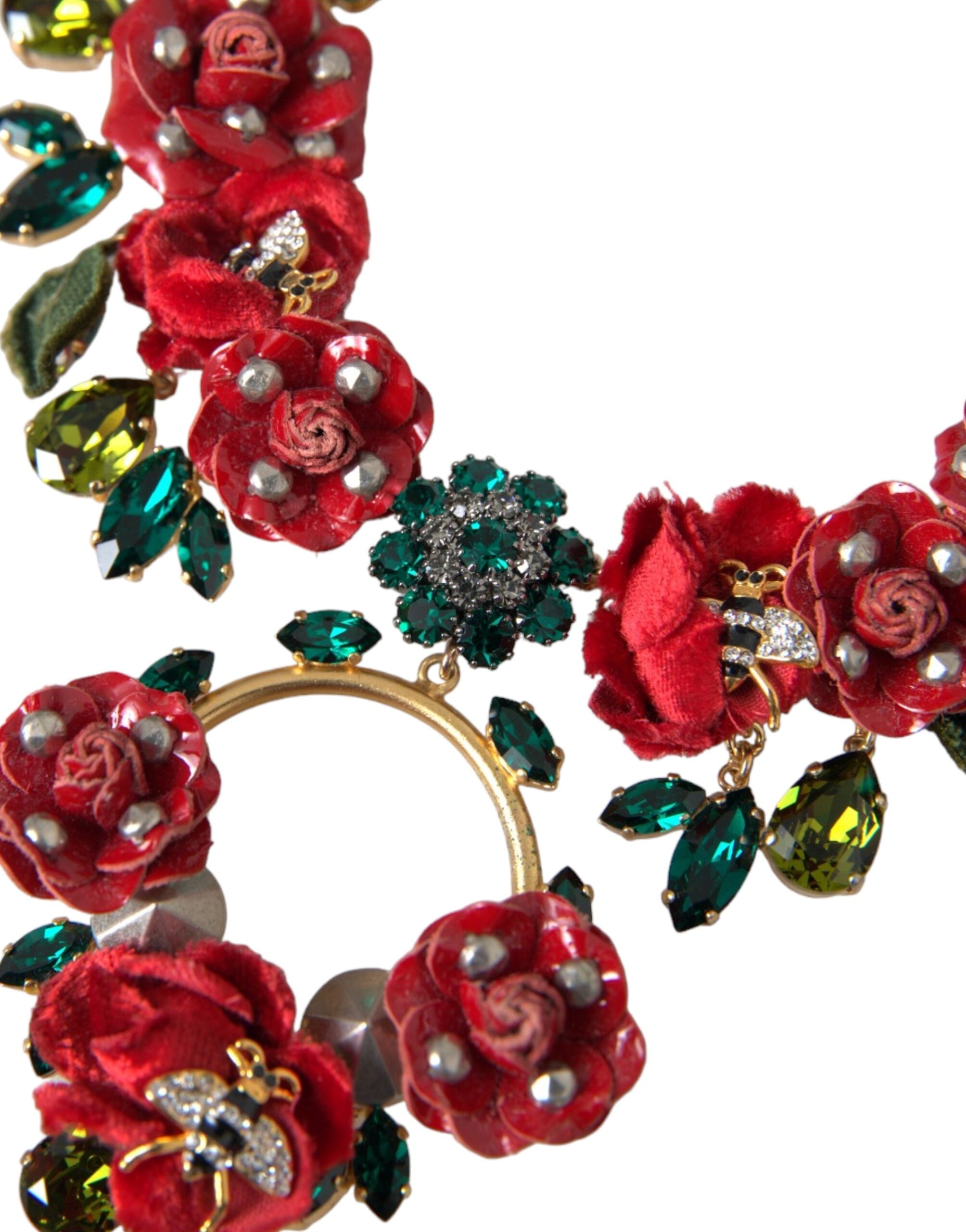 Dolce & Gabbana Gold-Messing-Gliederkette RosePetal Kristall-Anhänger Halskette-3