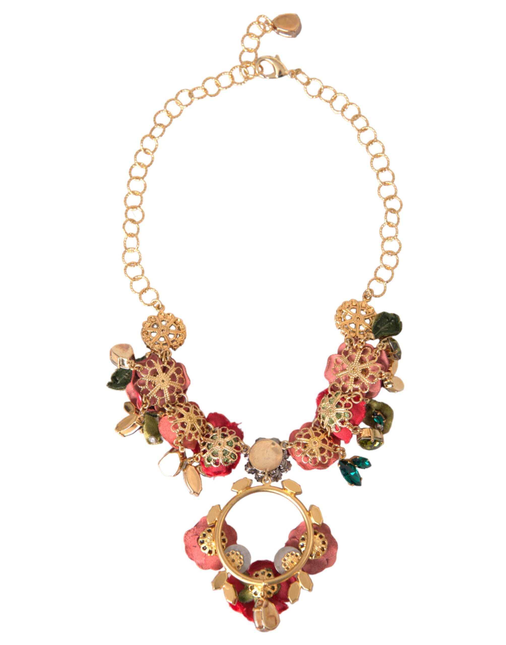 Dolce & Gabbana Gold-Messing-Gliederkette RosePetal Kristall-Anhänger Halskette-5