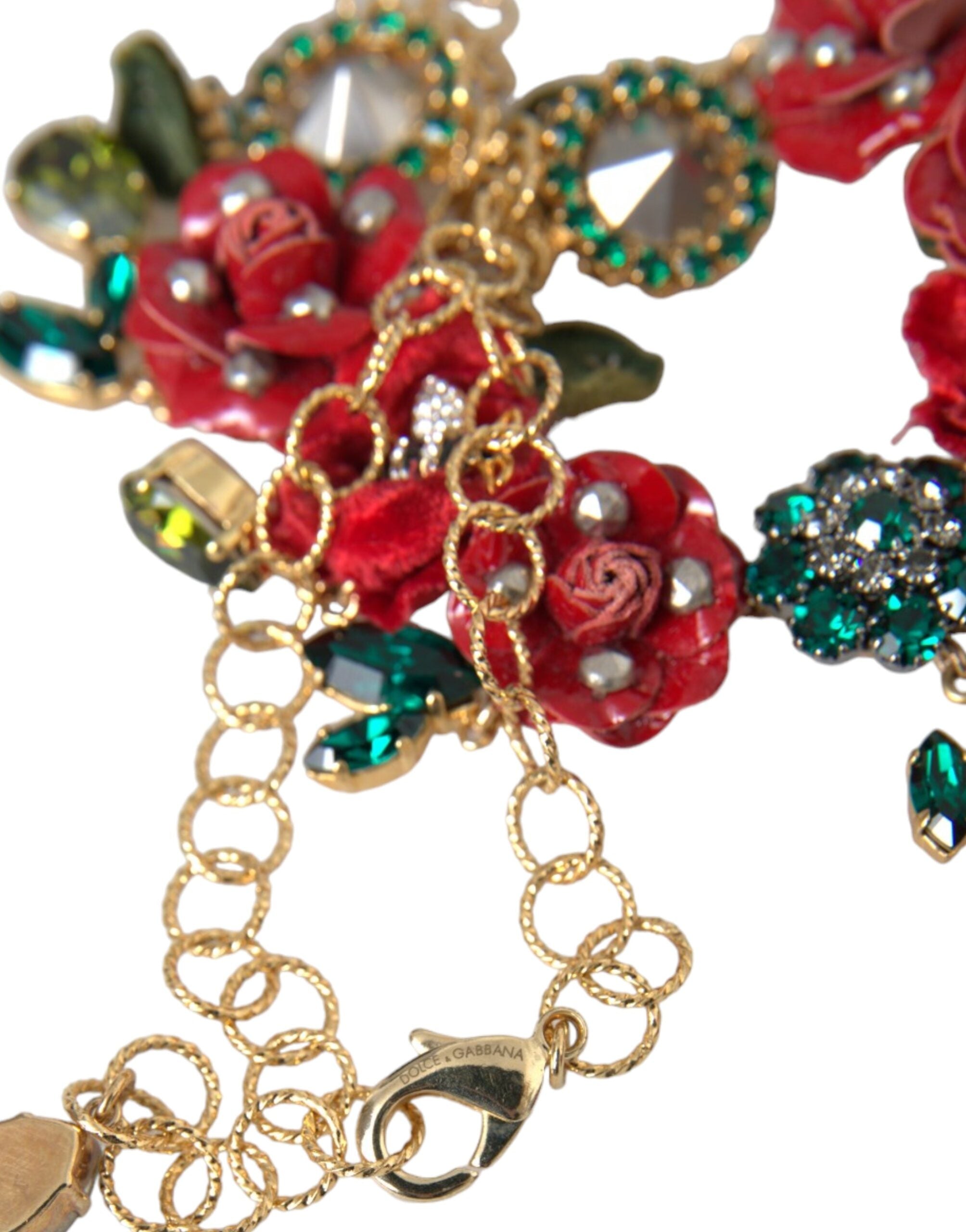 Dolce & Gabbana Gold-Messing-Gliederkette RosePetal Kristall-Anhänger Halskette-7
