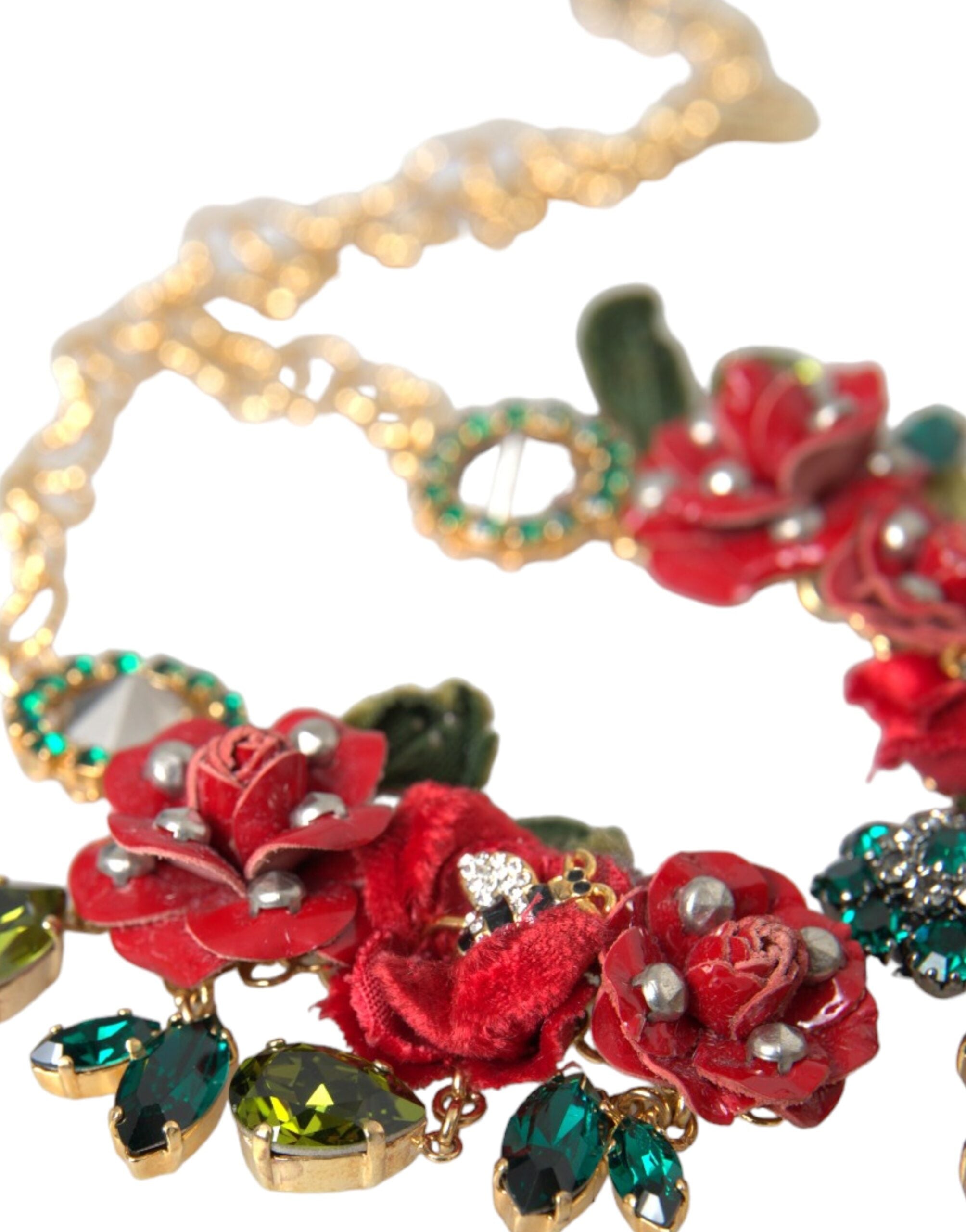 Dolce & Gabbana Gold-Messing-Gliederkette RosePetal Kristall-Anhänger Halskette-8
