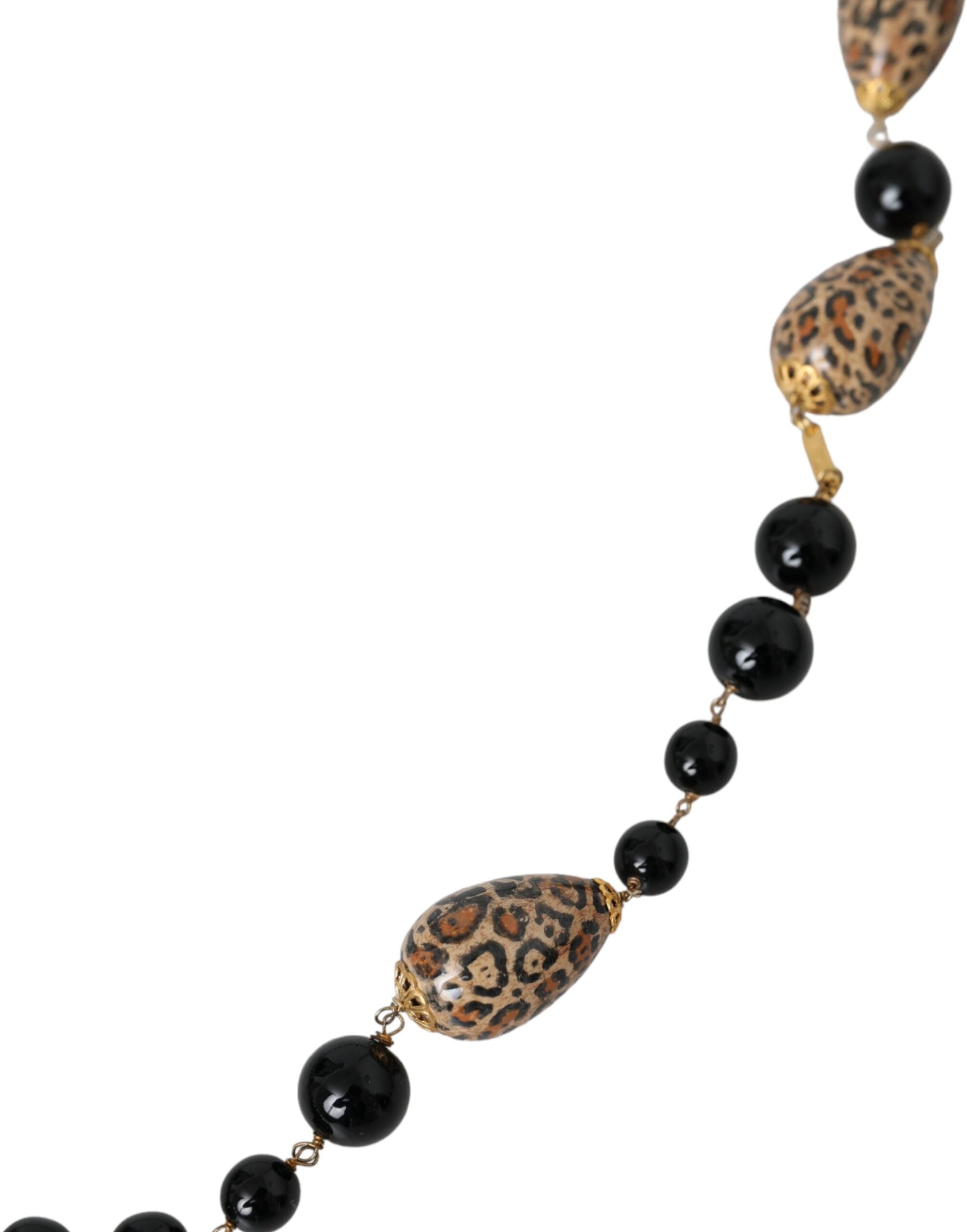 Dolce & Gabbana gold-tone brass black printed pearl long chain necklace-3