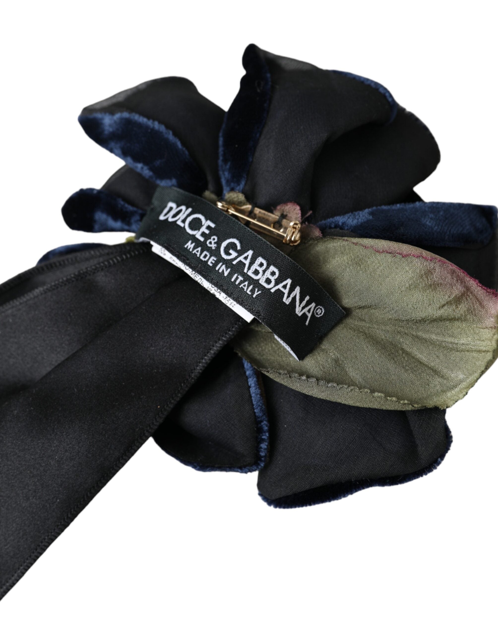 Dolce & Gabbana Black Silk Gold Brass Floral Hair Pin Brooch-5