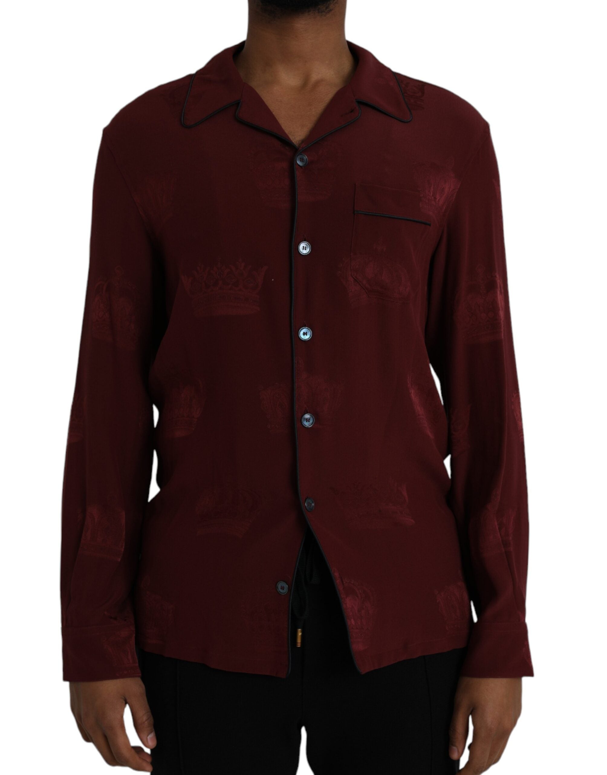 Dolce & Gabbana Kastanienbraunes Jacquard-Hemd mit langen Ärmeln aus Seide mit Kronenmuster-1