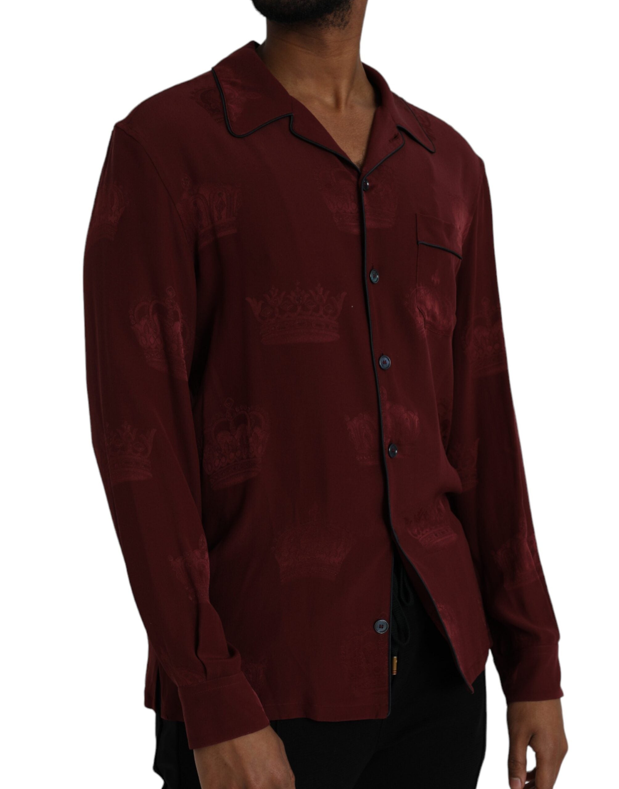 Dolce & Gabbana Kastanienbraunes Jacquard-Hemd mit langen Ärmeln aus Seide mit Kronenmuster-2