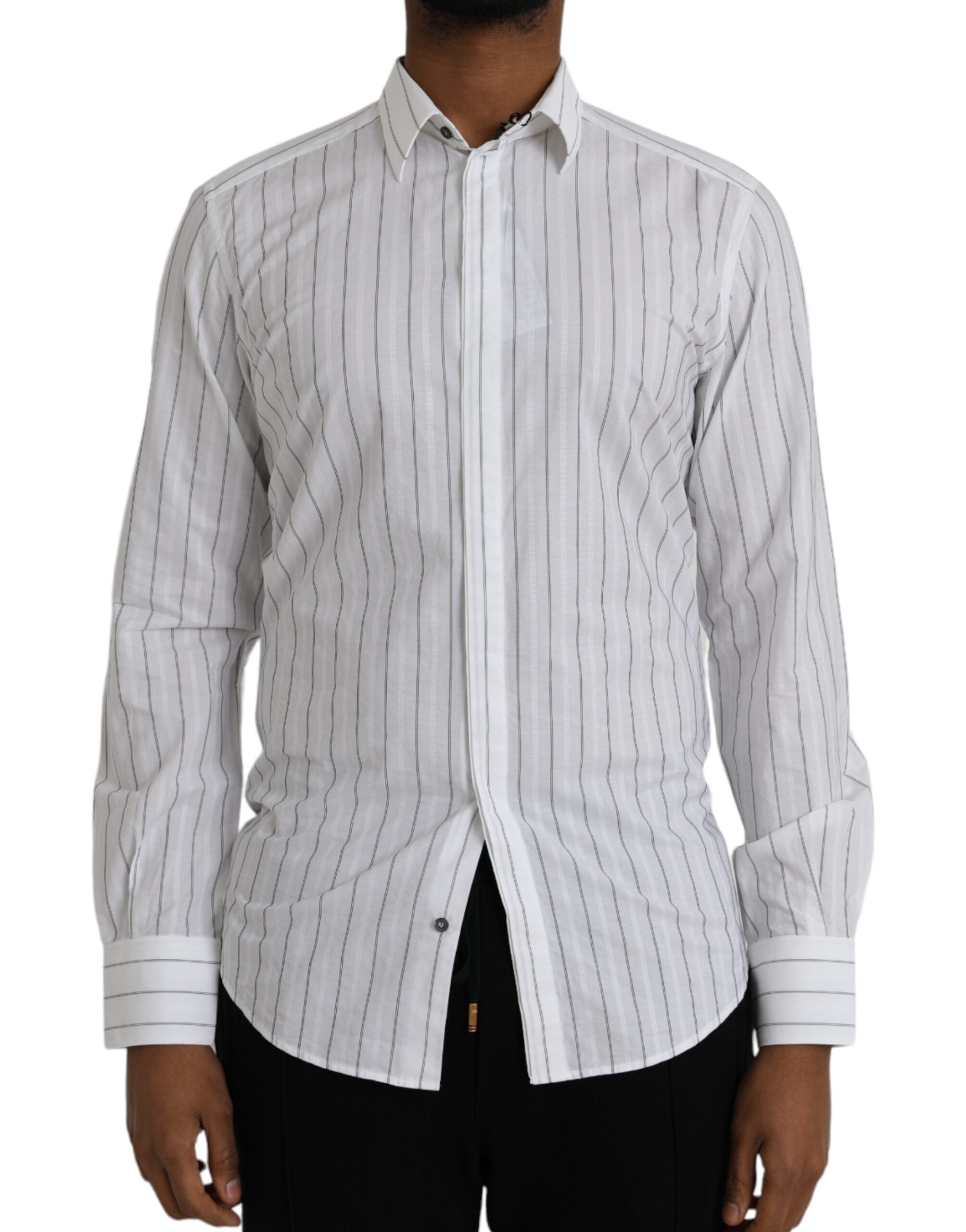 Vestido formal de rayas blancas y negras de Dolce & Gabbana, camisa dorada-1